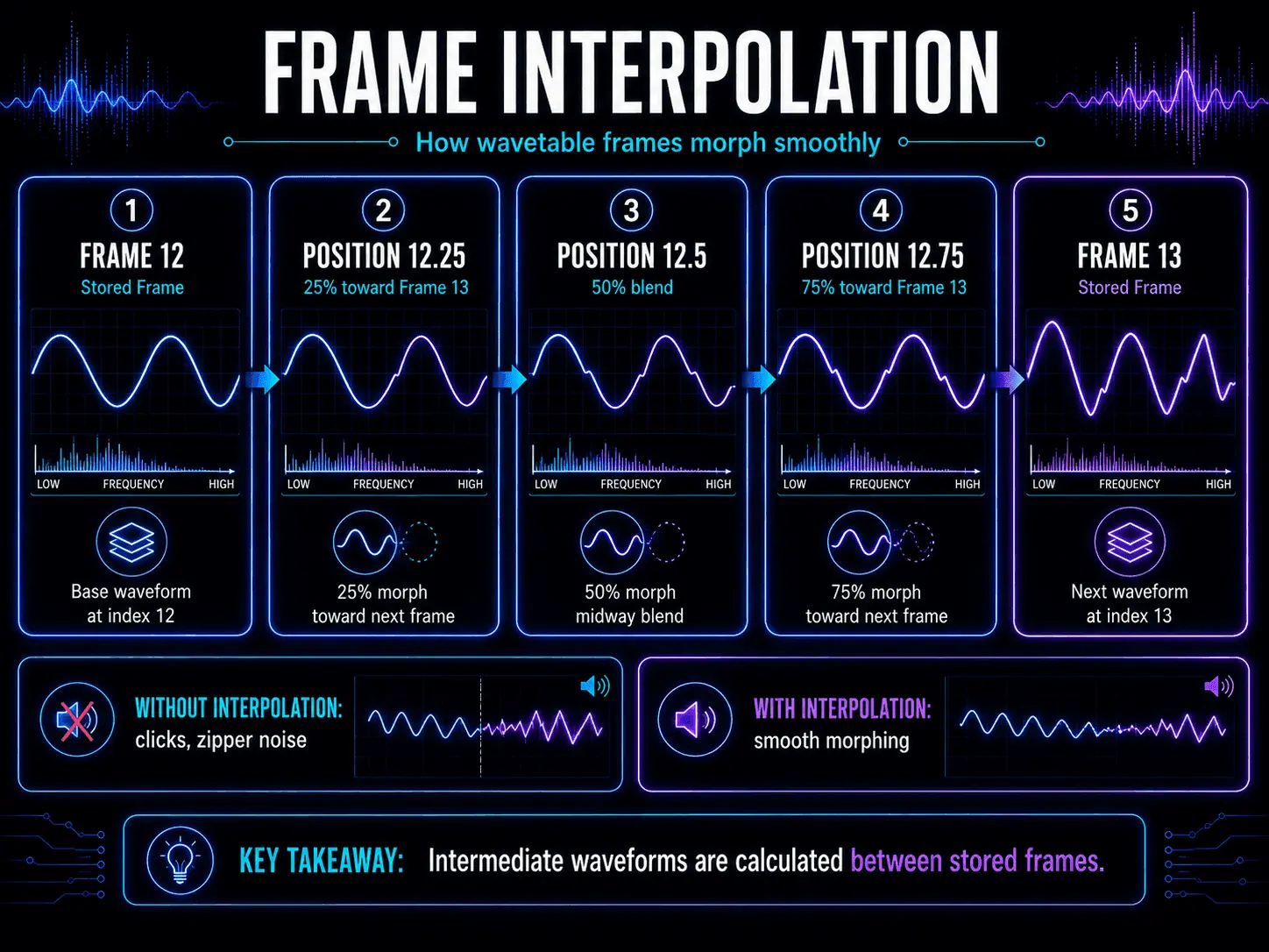 Wavetable frame interpolation blending frames 12 and 13 to prevent clicks and zipper noise.