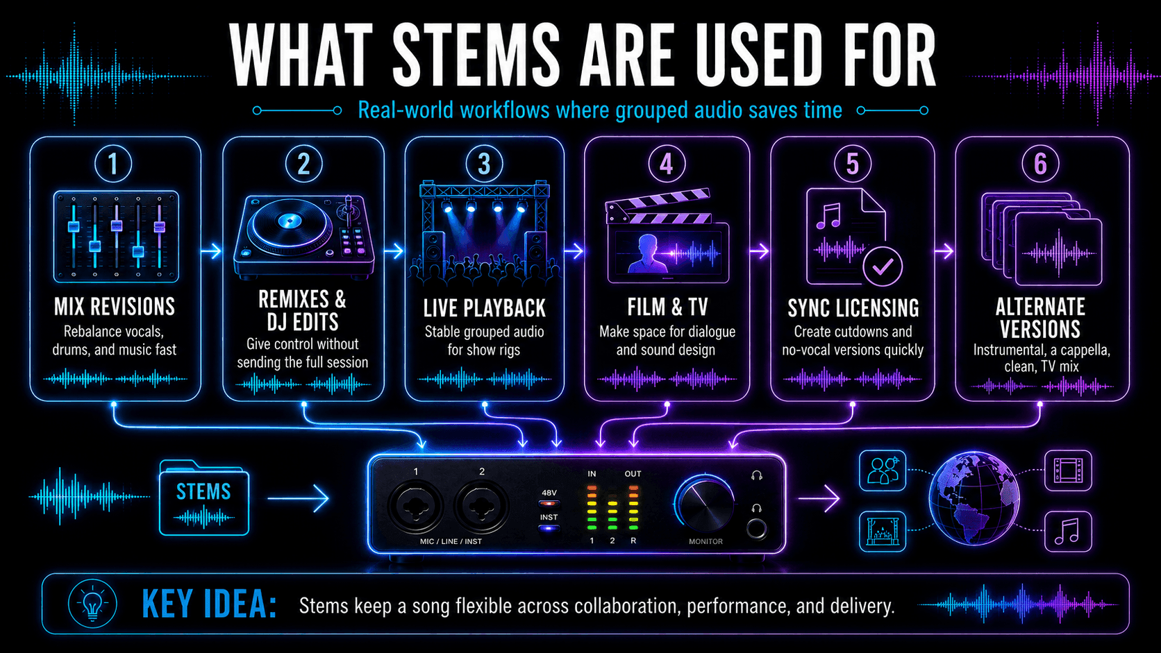 Infographic showing what audio stems are used for, including mix revisions, DJ edits, live playback, film and TV, sync licensing, and alternate versions.