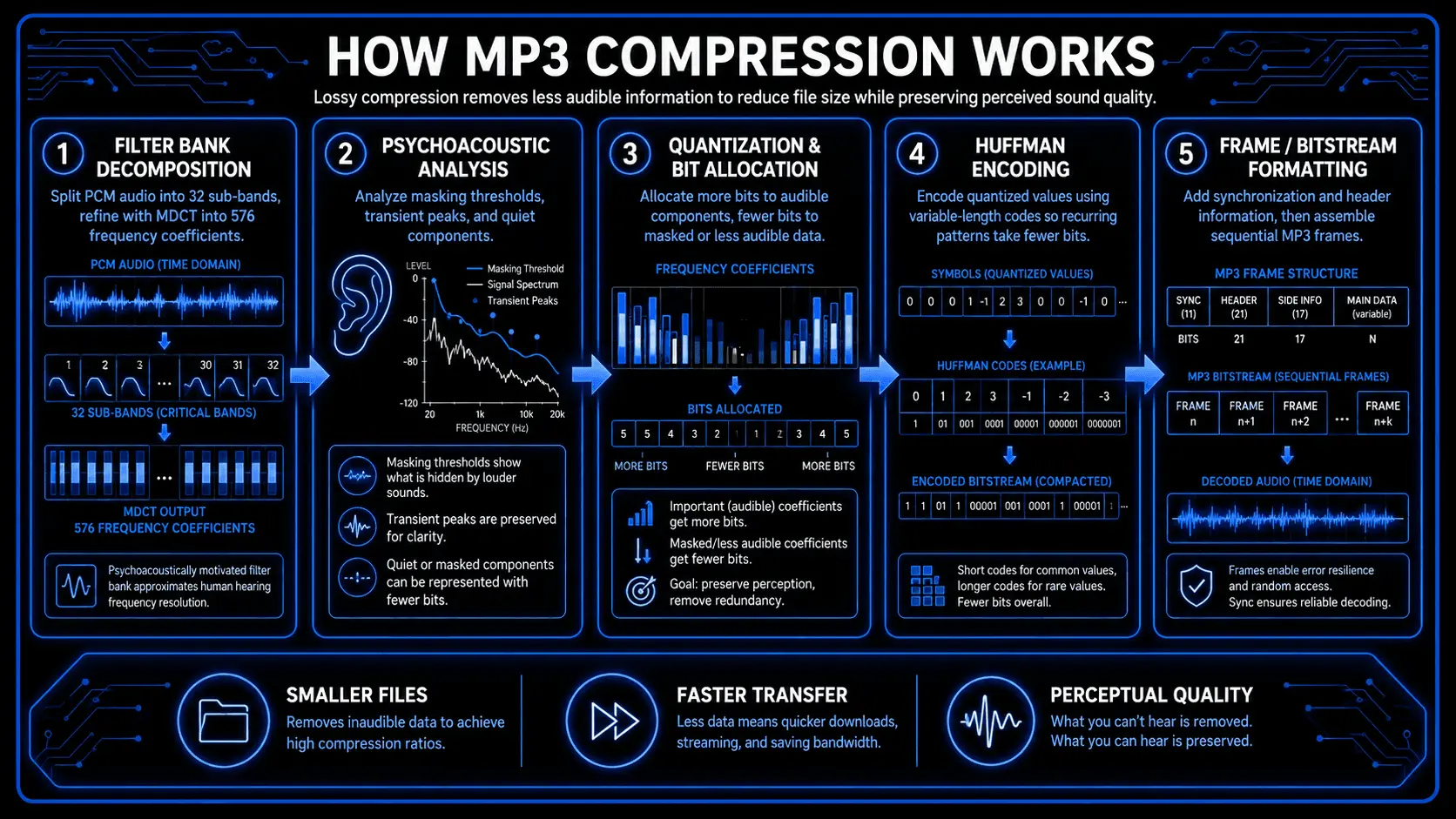 Five-step MP3 compression process showing filter banks, psychoacoustic analysis, bit allocation, Huffman coding, and frame formatting