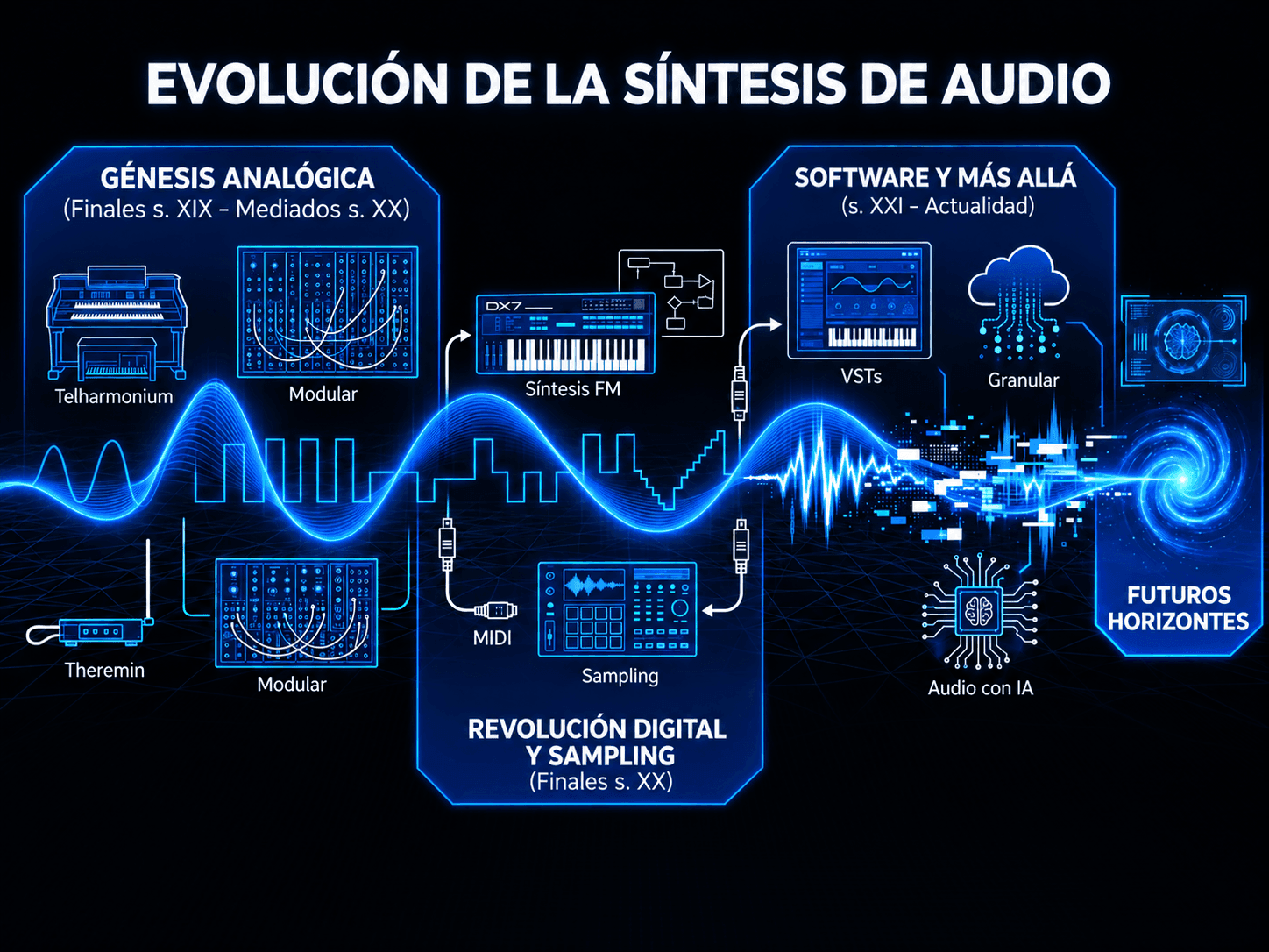 Línea de tiempo de síntesis de audio cubriendo instrumentos analógicos, síntesis modular, FM, muestreo, plugins de software, síntesis granular y audio IA.