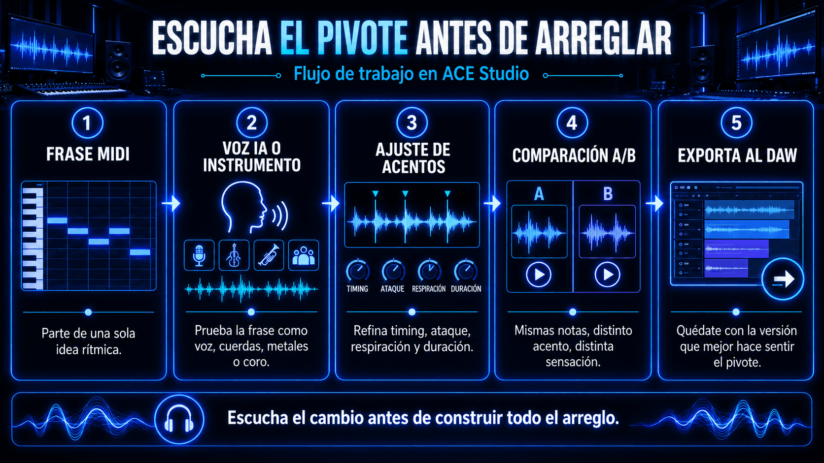 Infografía mostrando un flujo de trabajo de ACE Studio para modulación métrica, incluyendo fraseo MIDI, prueba de voz IA o instrumento, ajuste de acentos, comparación A/B, y exportación a DAW.