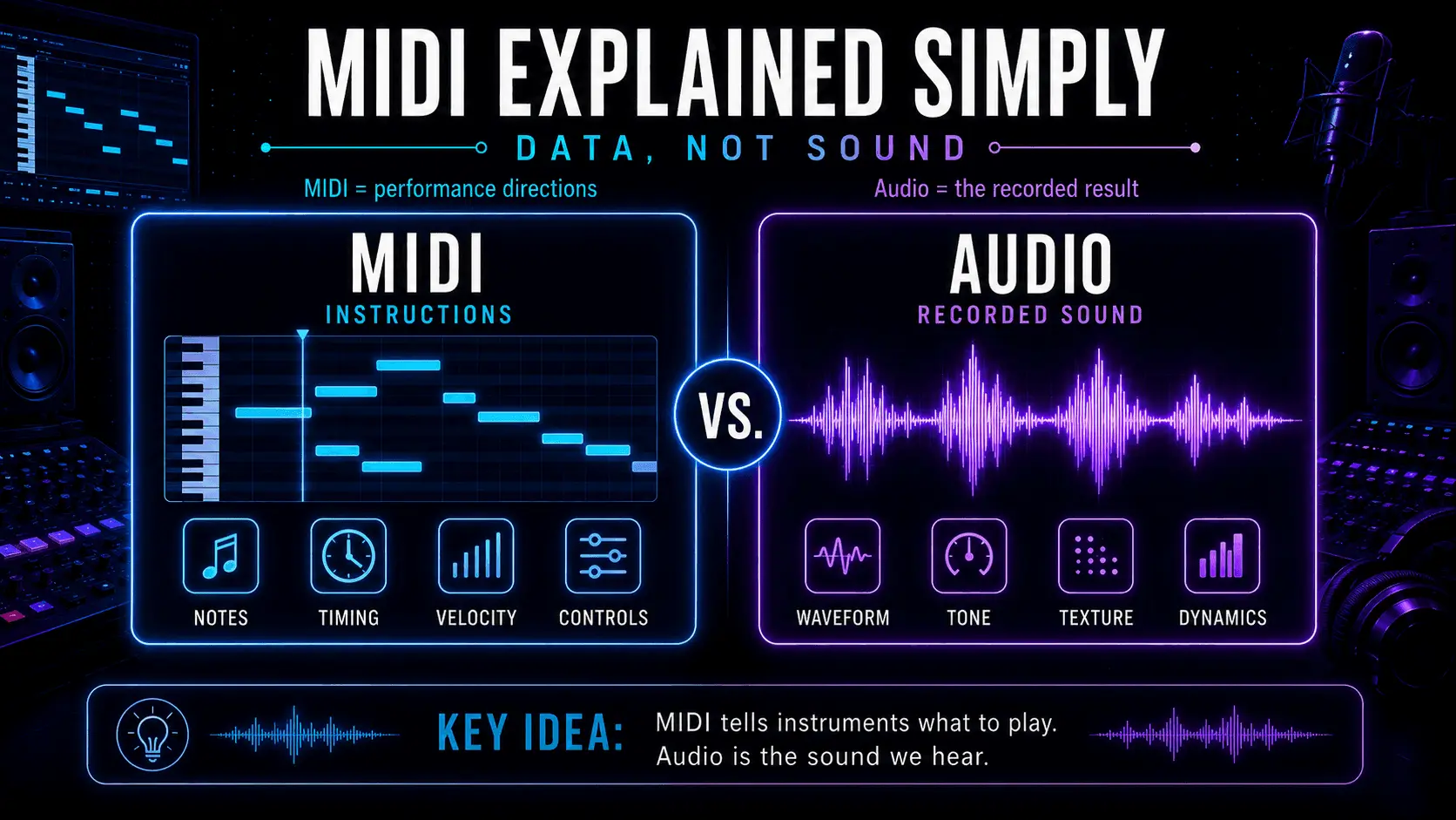 MIDI versus audio infographic comparing MIDI notes, timing, velocity, and controls with an audio waveform, tone, texture, and dynamics.