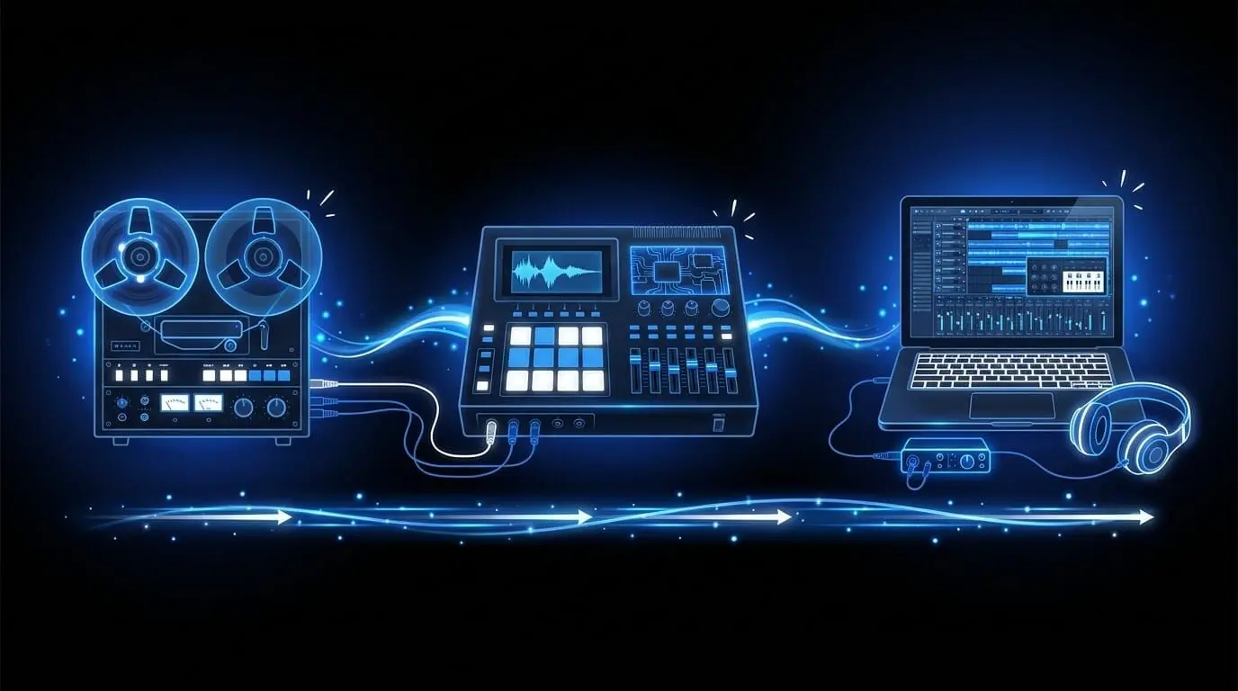 Neon blue illustration showing reel-to-reel tape, a hardware sampler, and a laptop DAW connected in a modern music sampling workflow.