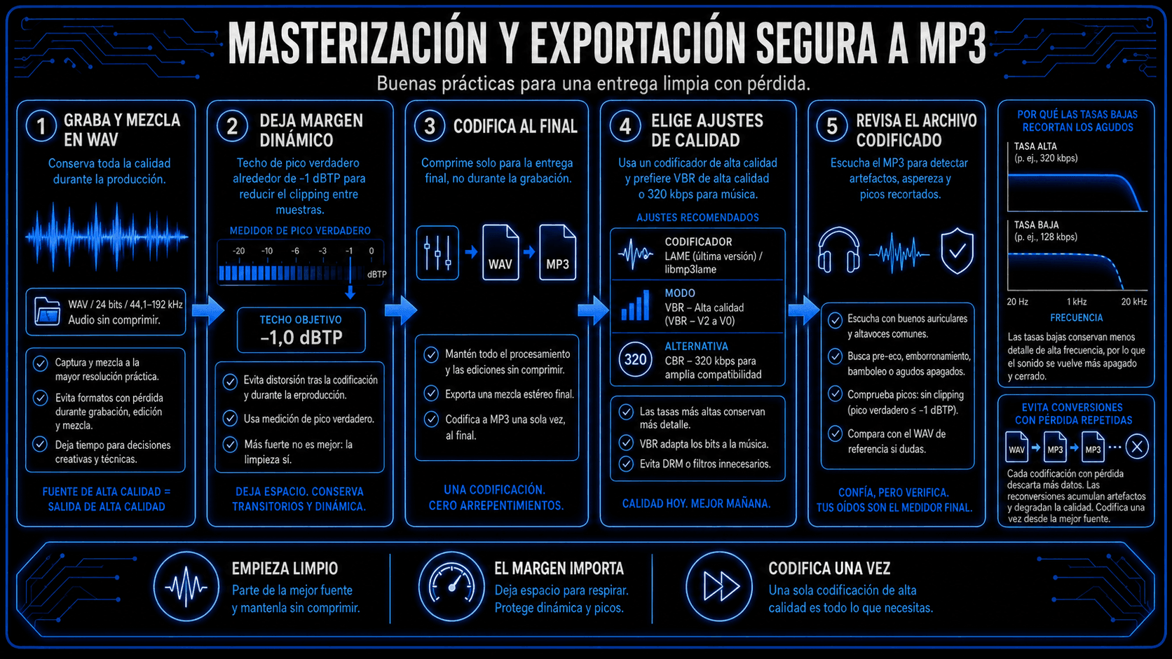 Flujo de trabajo de masterización y exportación MP3 cubriendo producción WAV, margen de pico verdadero, configuraciones del codificador y verificaciones de calidad