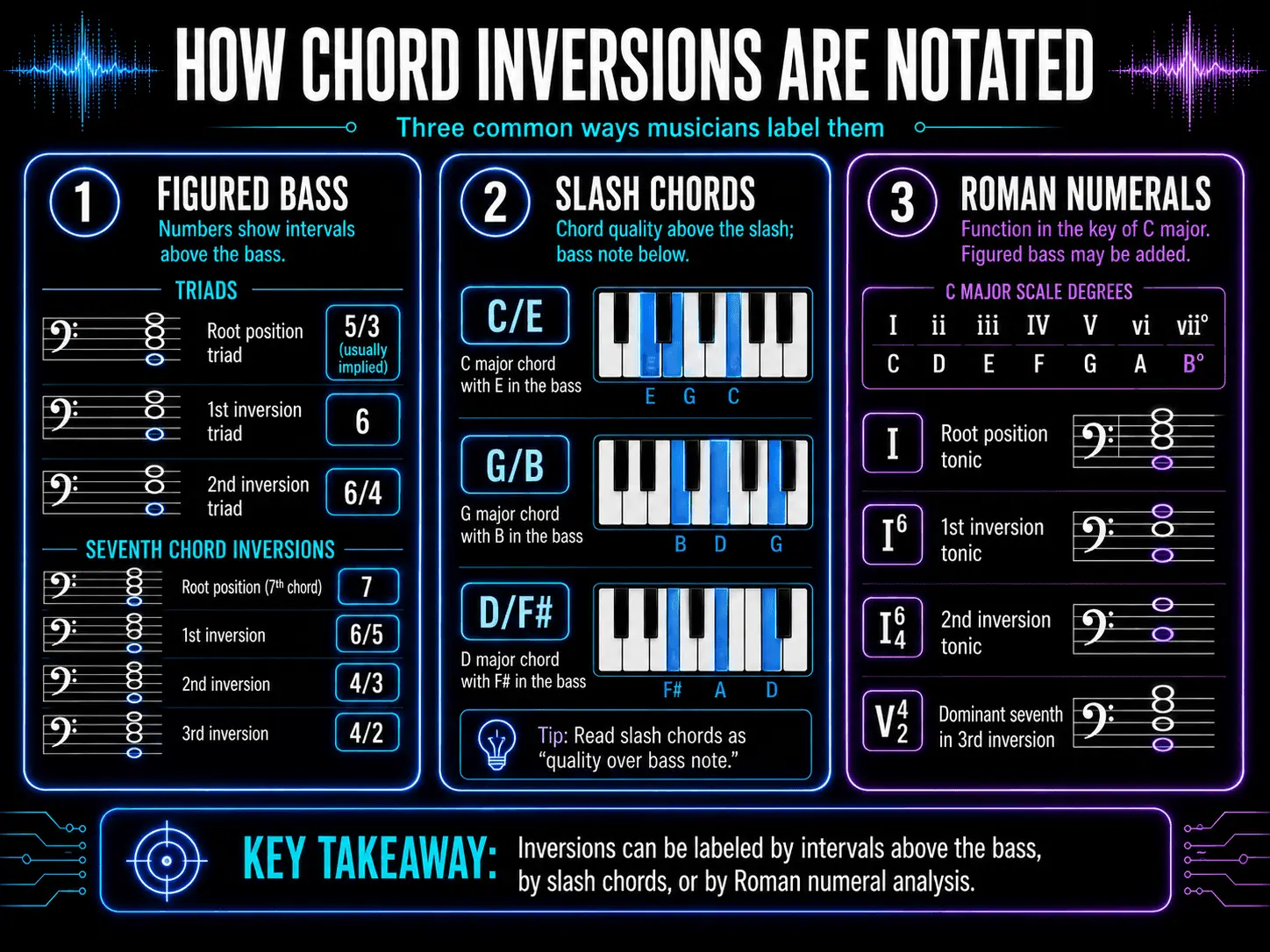 Infographic explaining chord inversion notation through figured bass symbols, slash chords, piano keys, and Roman numeral analysis.