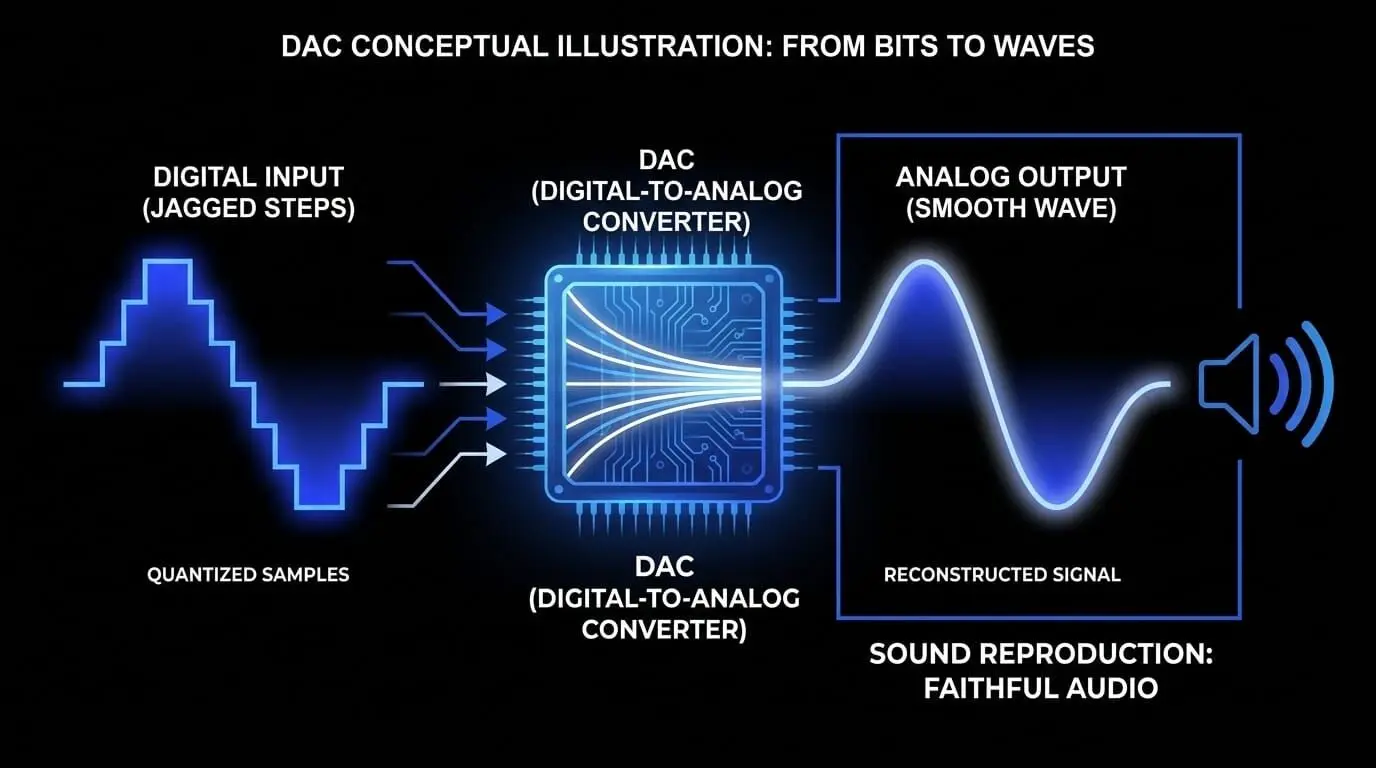 Infographic showing a digital-to-analog converter transforming jagged quantized digital samples into a smooth reconstructed analog sound wave for audio playback.