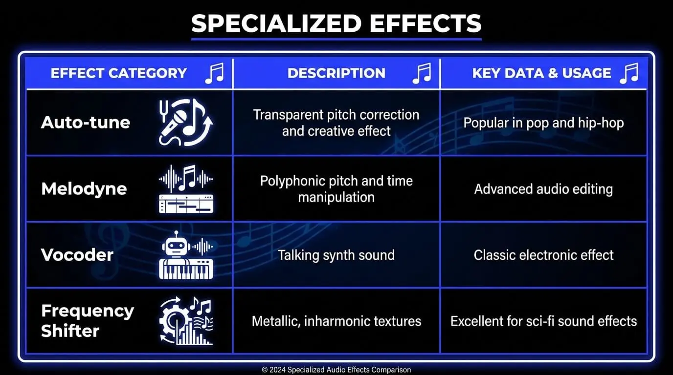 Infographic comparing specialized audio effects, including auto-tune, Melodyne, vocoder, and frequency shifter, with descriptions and common production uses.