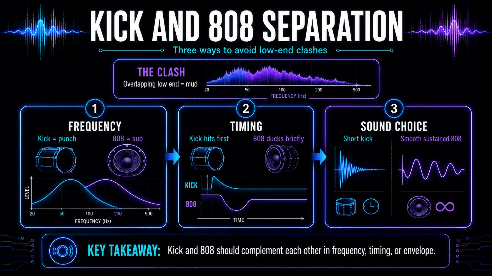 Infographic explaining kick and 808 separation through frequency balance, timing and sidechain control, and complementary sound selection.