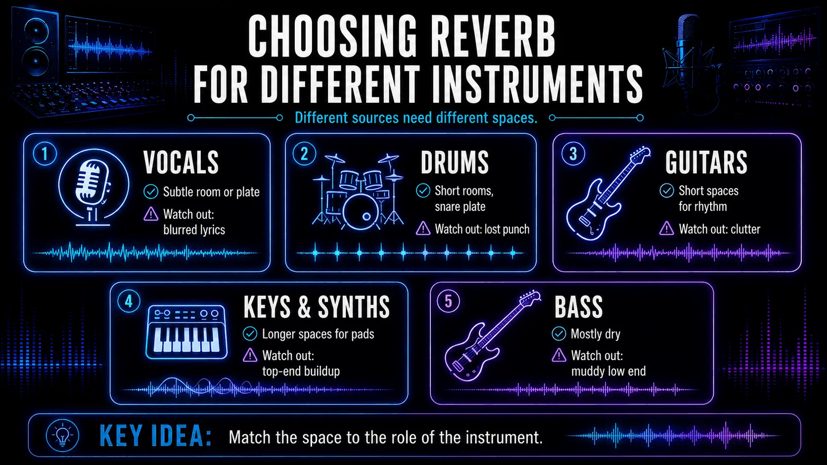 Infographic recommending reverb settings and warning risks for five instrument groups.