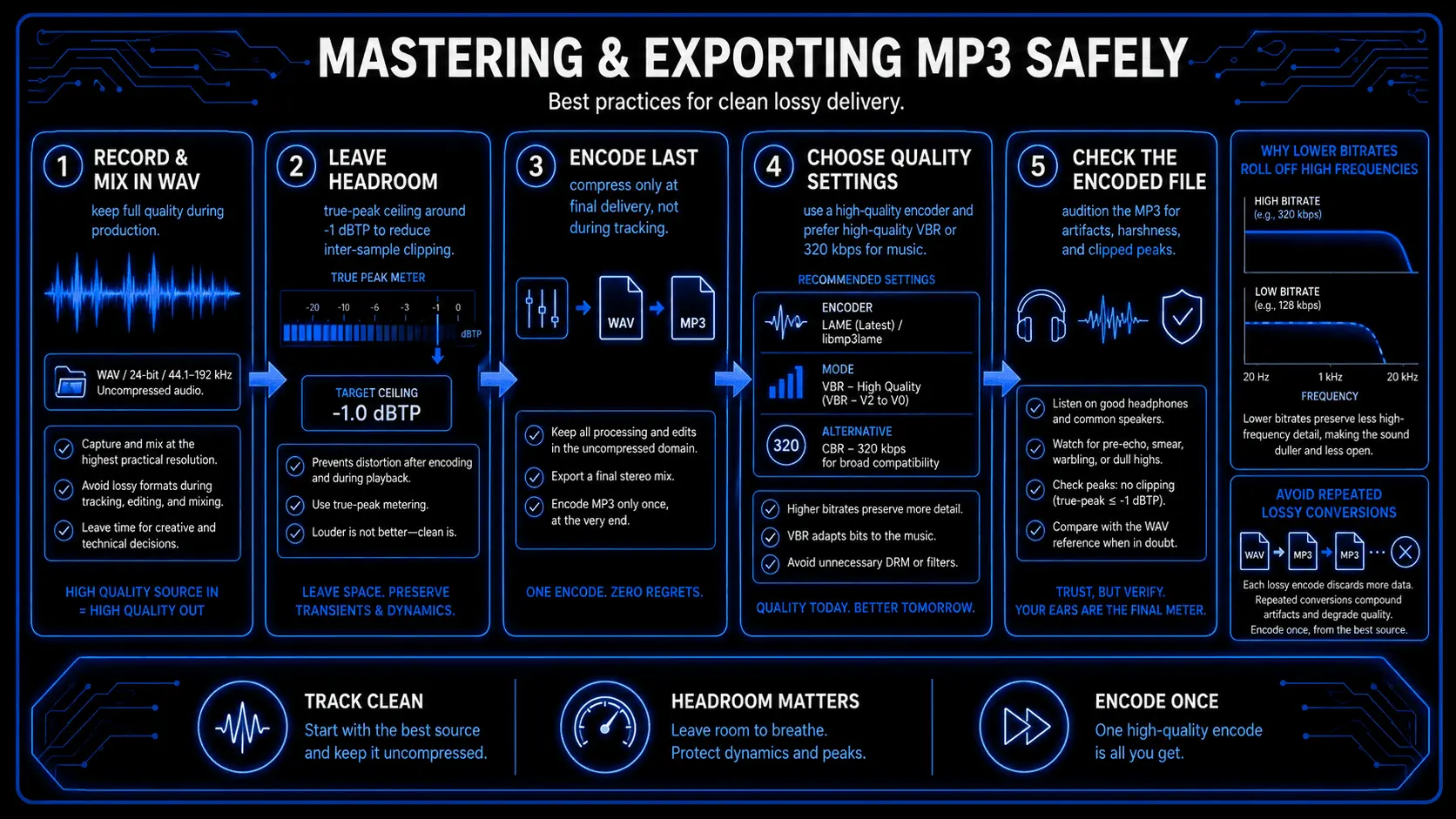 MP3 mastering and export workflow covering WAV production, true-peak headroom, encoder settings, and quality checks