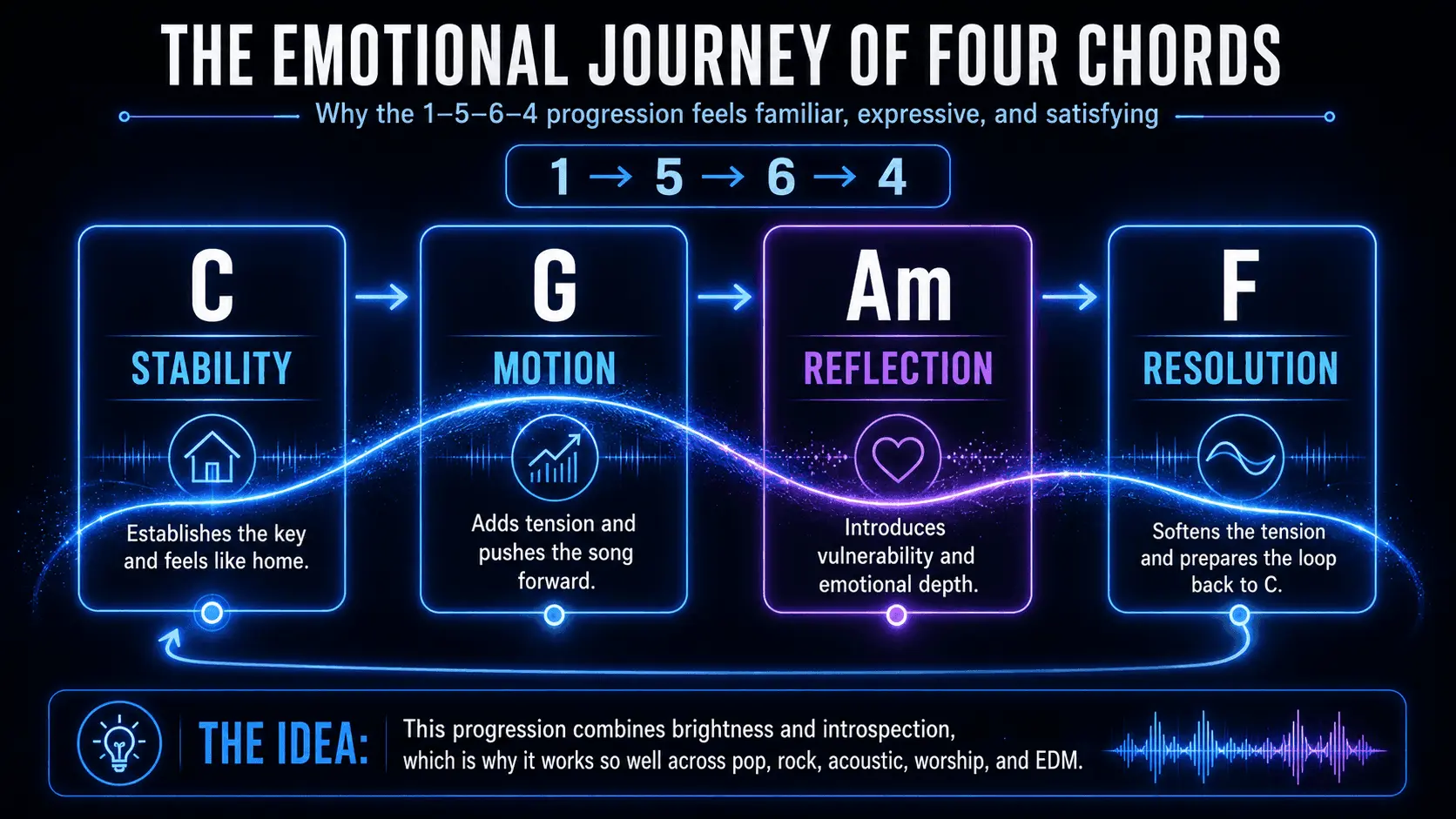 Infographic showing the emotional journey of the 1–5–6–4 chord progression through C, G, Am, and F.