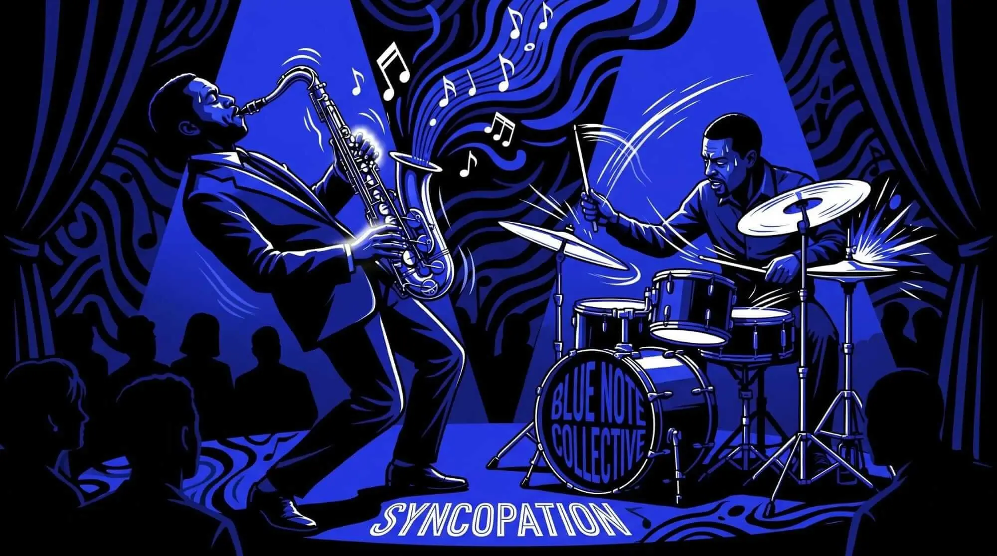 Stylized illustration of a saxophonist and drummer performing syncopated jazz rhythms on stage.