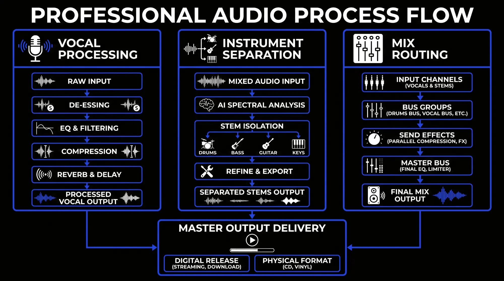 Infographic showing a professional audio process flow with vocal processing, stem separation, mix routing, bus groups, send effects, master bus processing, and final output delivery.
