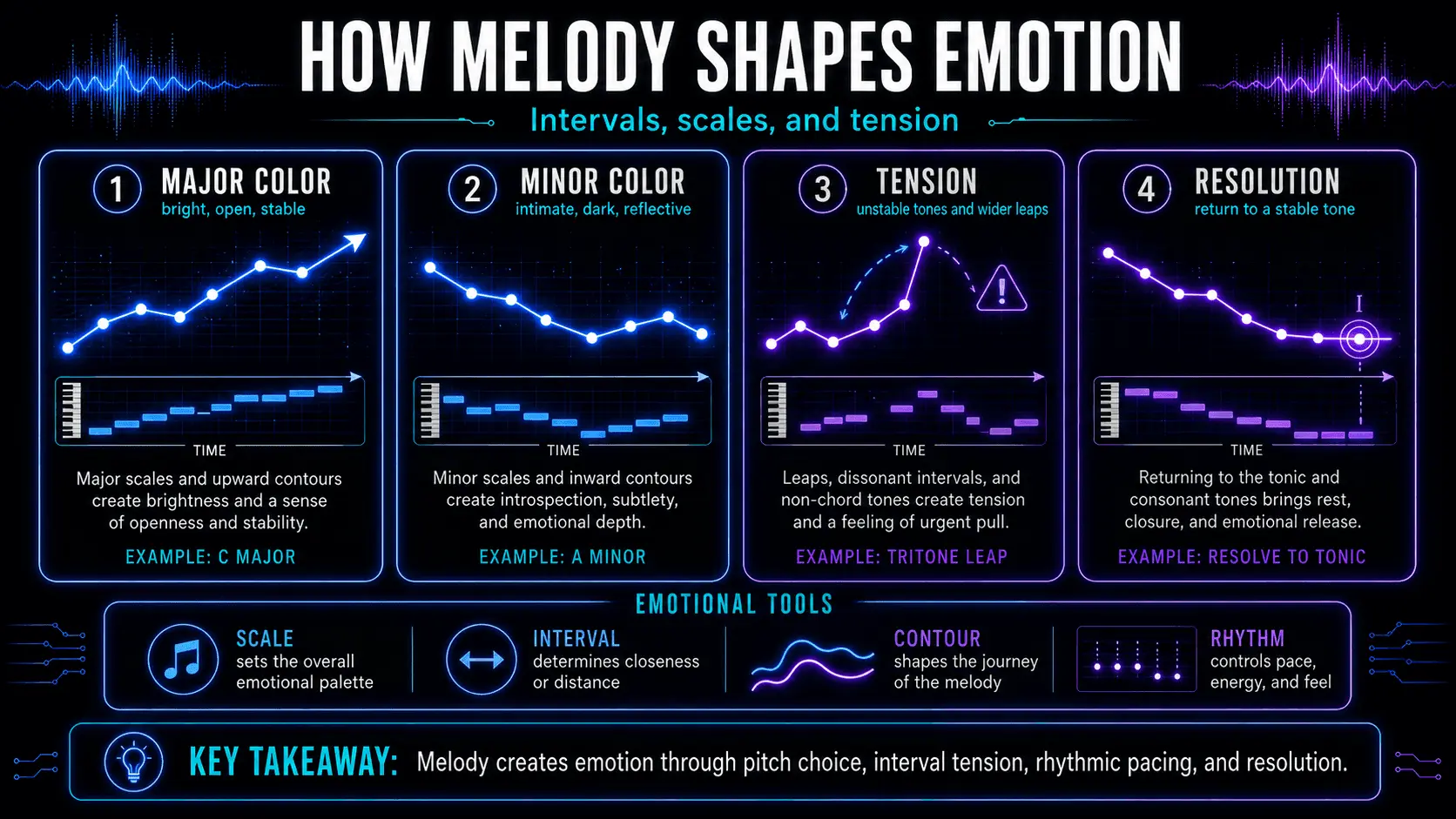 Infographic showing how major and minor tonal colors, tension, and resolution influence emotion in melody.
