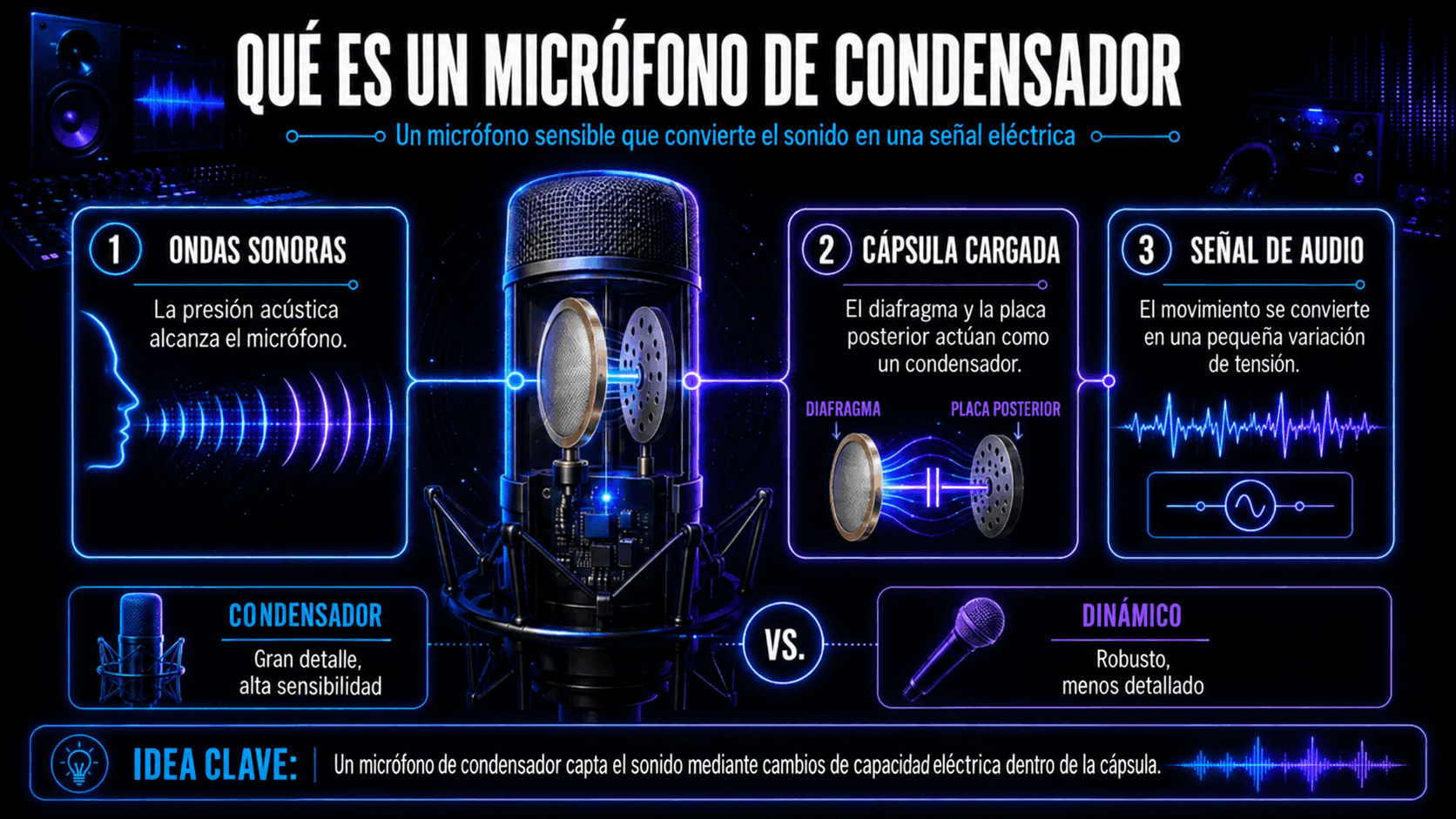 Diagram showing sound waves moving a condenser microphone diaphragm to create a changing electrical audio signal.
