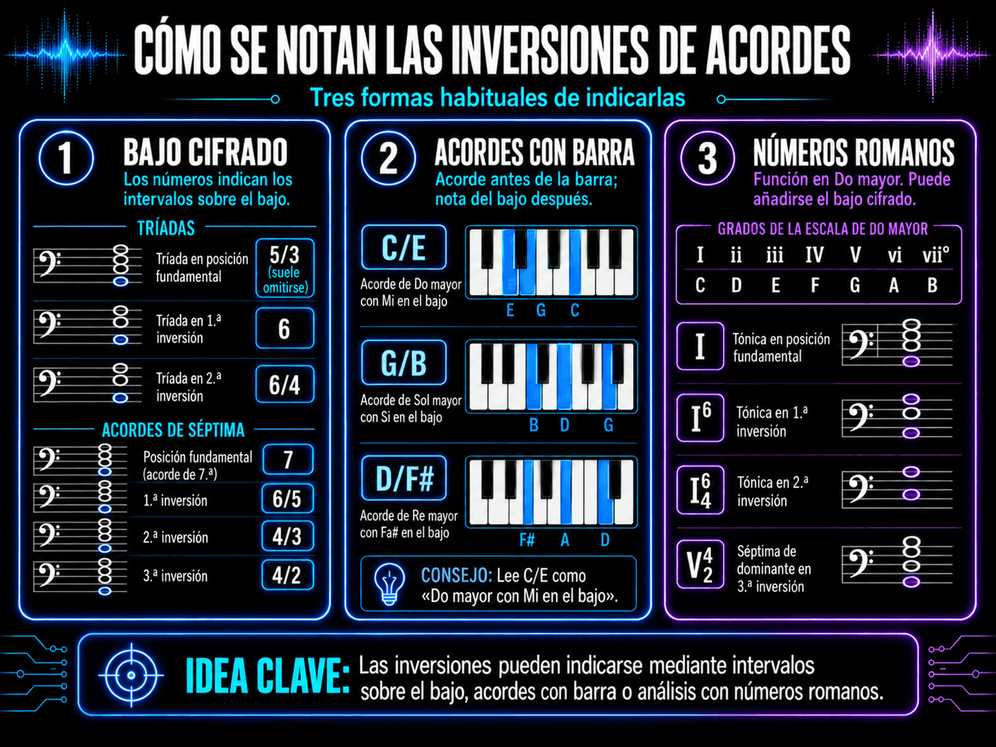 Infographic explaining chord inversion notation through figured bass symbols, slash chords, piano keys, and Roman numeral analysis.