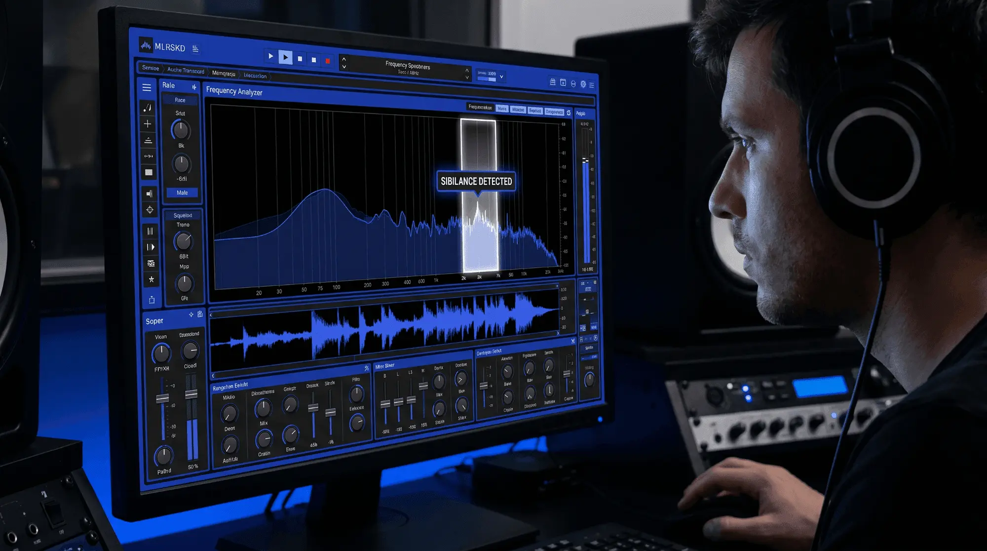 Audio engineer wearing headphones analyzing a vocal track on a studio monitor, with sibilance detected in the high-frequency range on a frequency analyzer