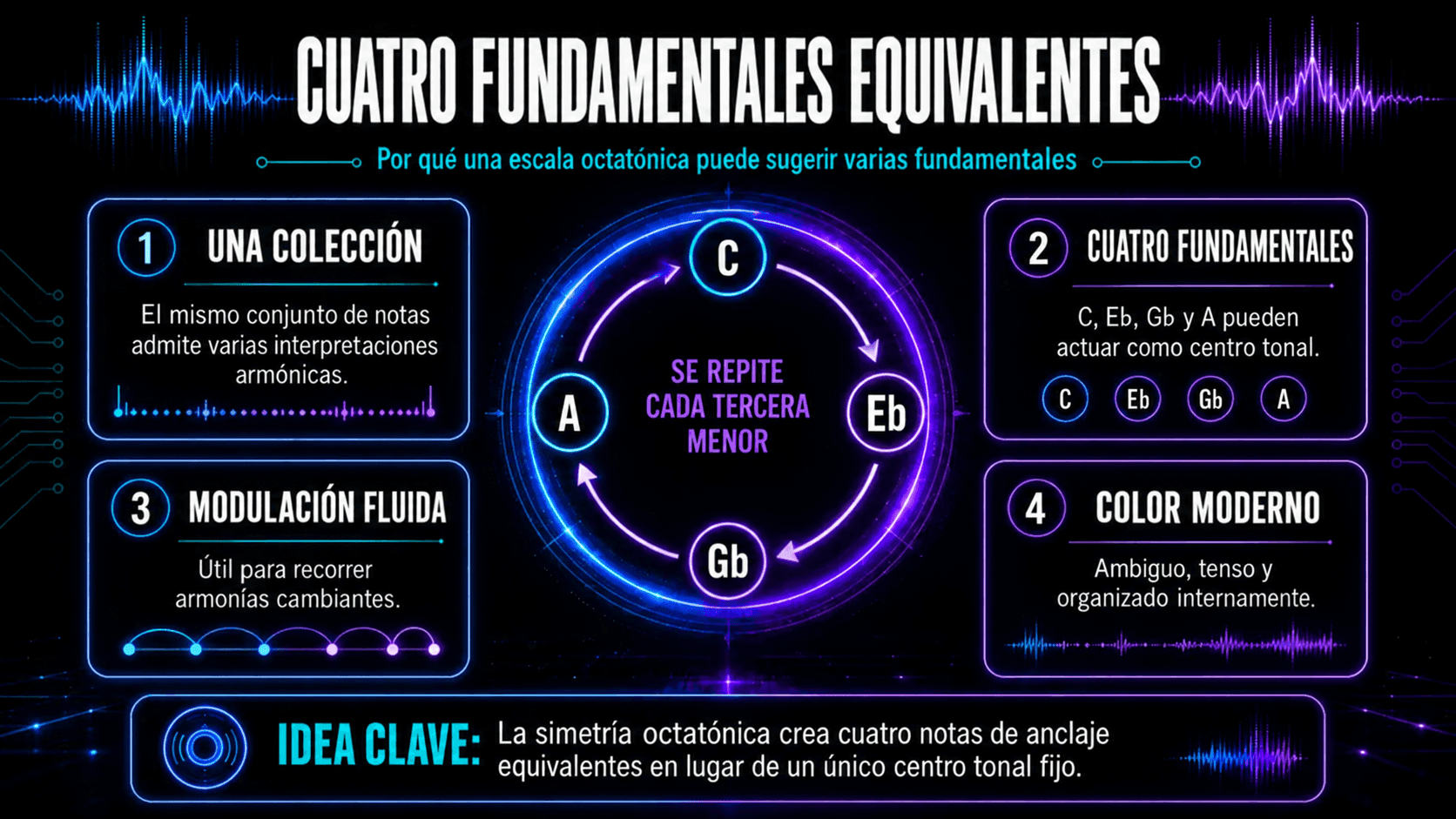 Diagrama mostrando cómo C, Eb, Gb y A pueden funcionar como tonos de raíz iguales dentro de una colección octatónica.