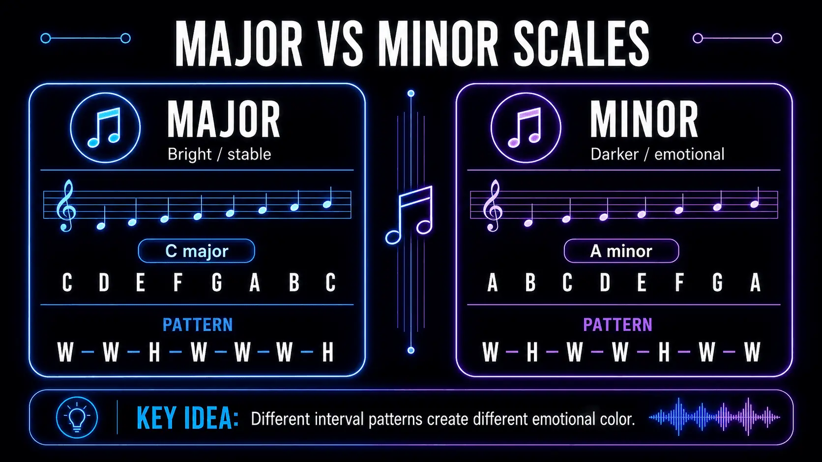 Comparison of the bright C major scale and darker A minor scale with their interval patterns.