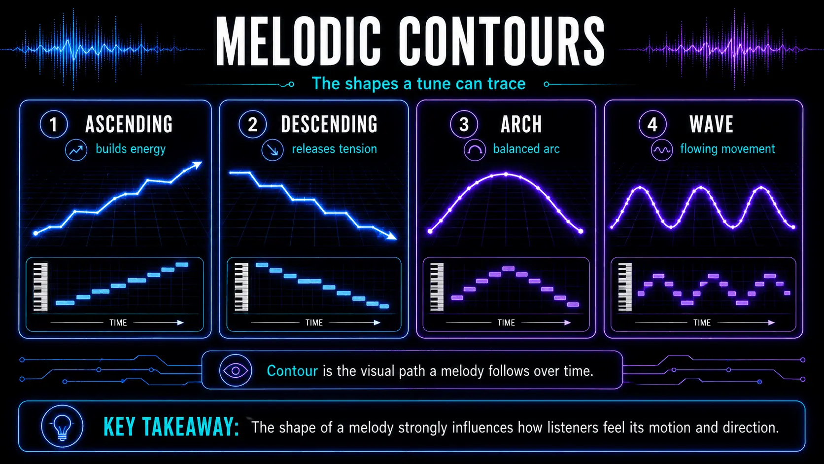 Infographic comparing ascending, descending, arch, and wave melodic contours with piano-roll examples.