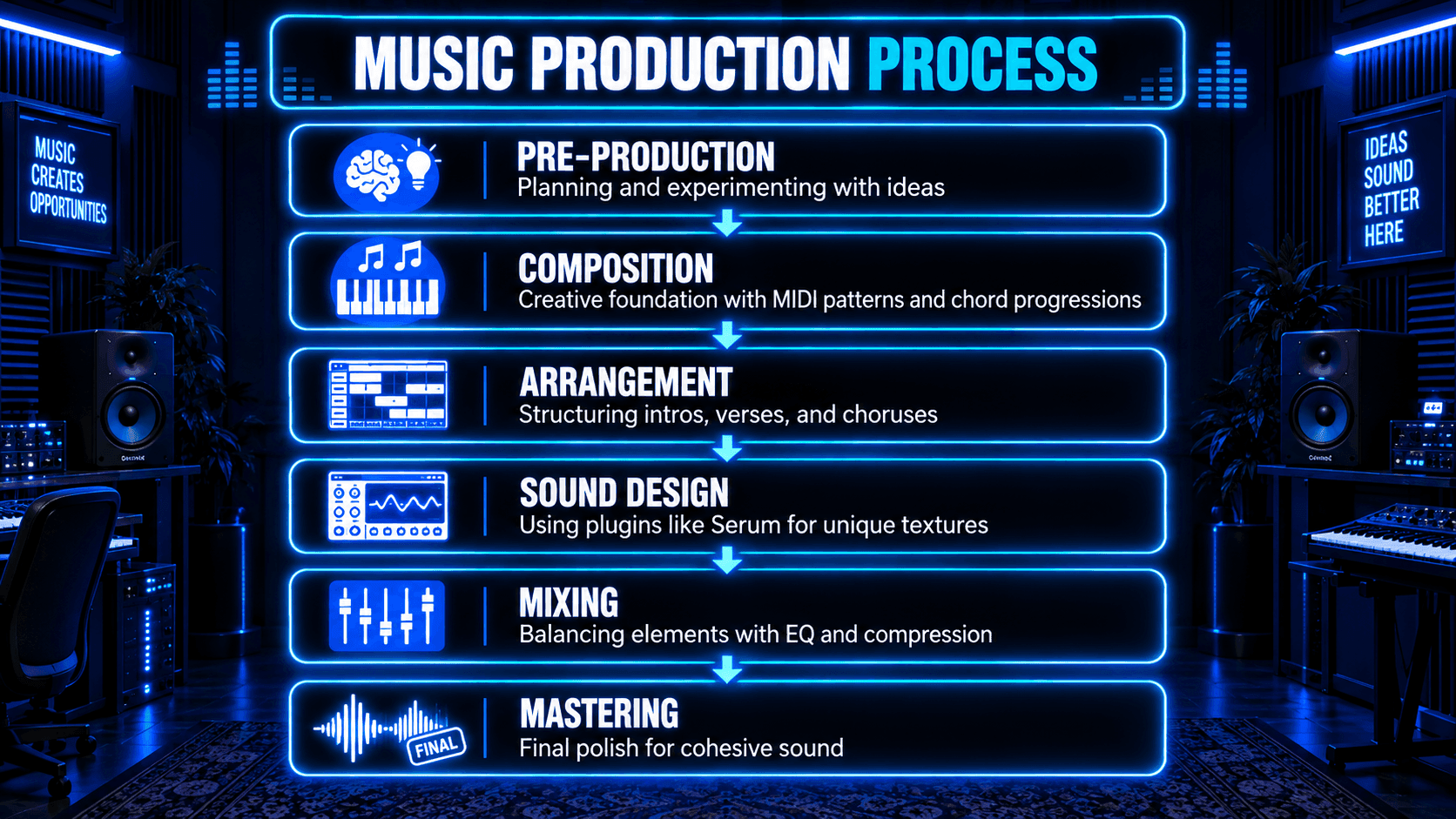 Music production process infographic showing steps from pre-production to mastering.