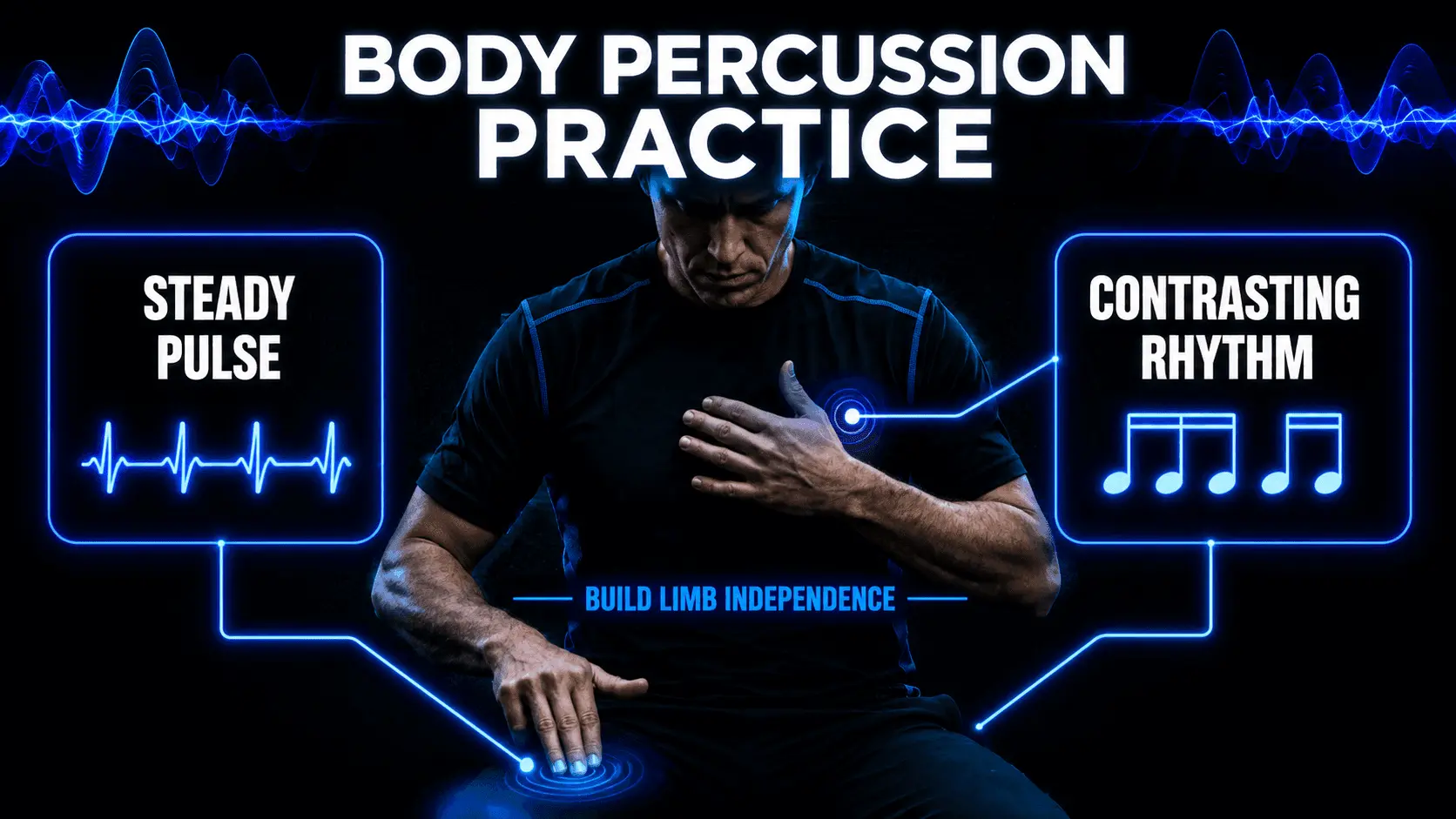 Musician practicing body percussion with one hand keeping quarter notes and the other performing a contrasting rhythmic pattern.