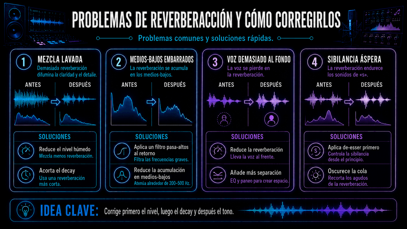 Infografía de solución de problemas de reverberación con arreglos para lavado, barro en medios-bajos, distancia y sibilancia.