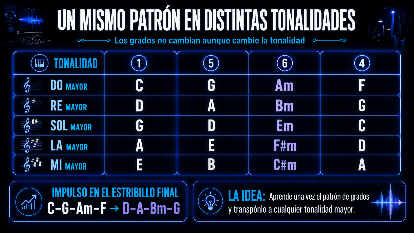 Infographic showing the 1–5–6–4 progression in C, D, G, A, and E major, plus a final-chorus modulation from C to D major.