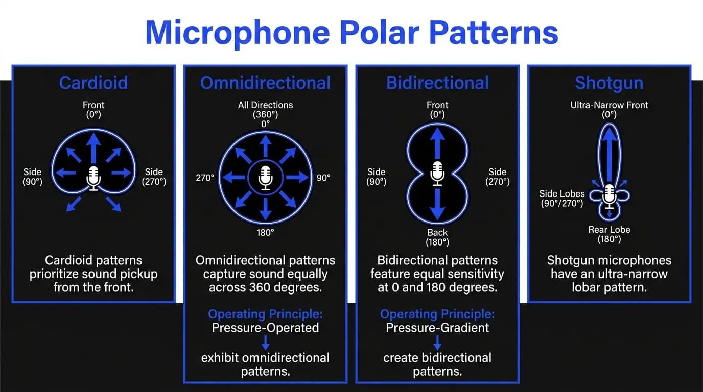 Infographic comparing microphone polar patterns, including cardioid, omnidirectional, bidirectional, and shotgun pickup directions.