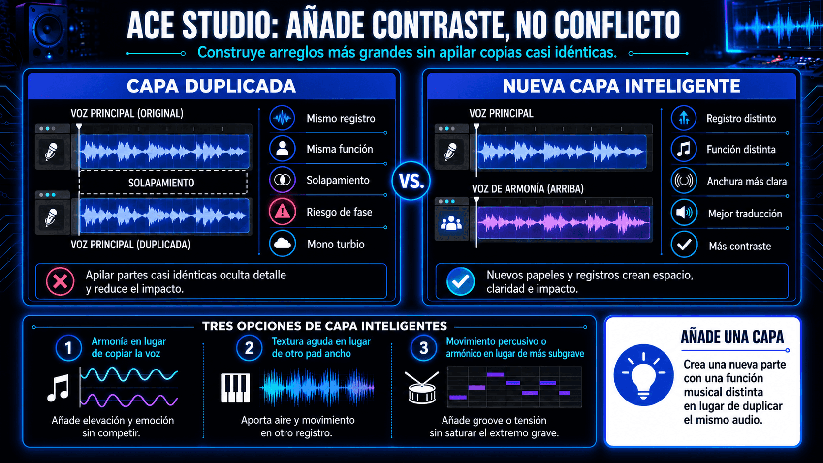 Infografía mostrando cómo ACE Studio Add a Layer puede crear armonías, texturas y partes rítmicas que agregan contraste en lugar de duplicar audio y aumentar el riesgo de fase.