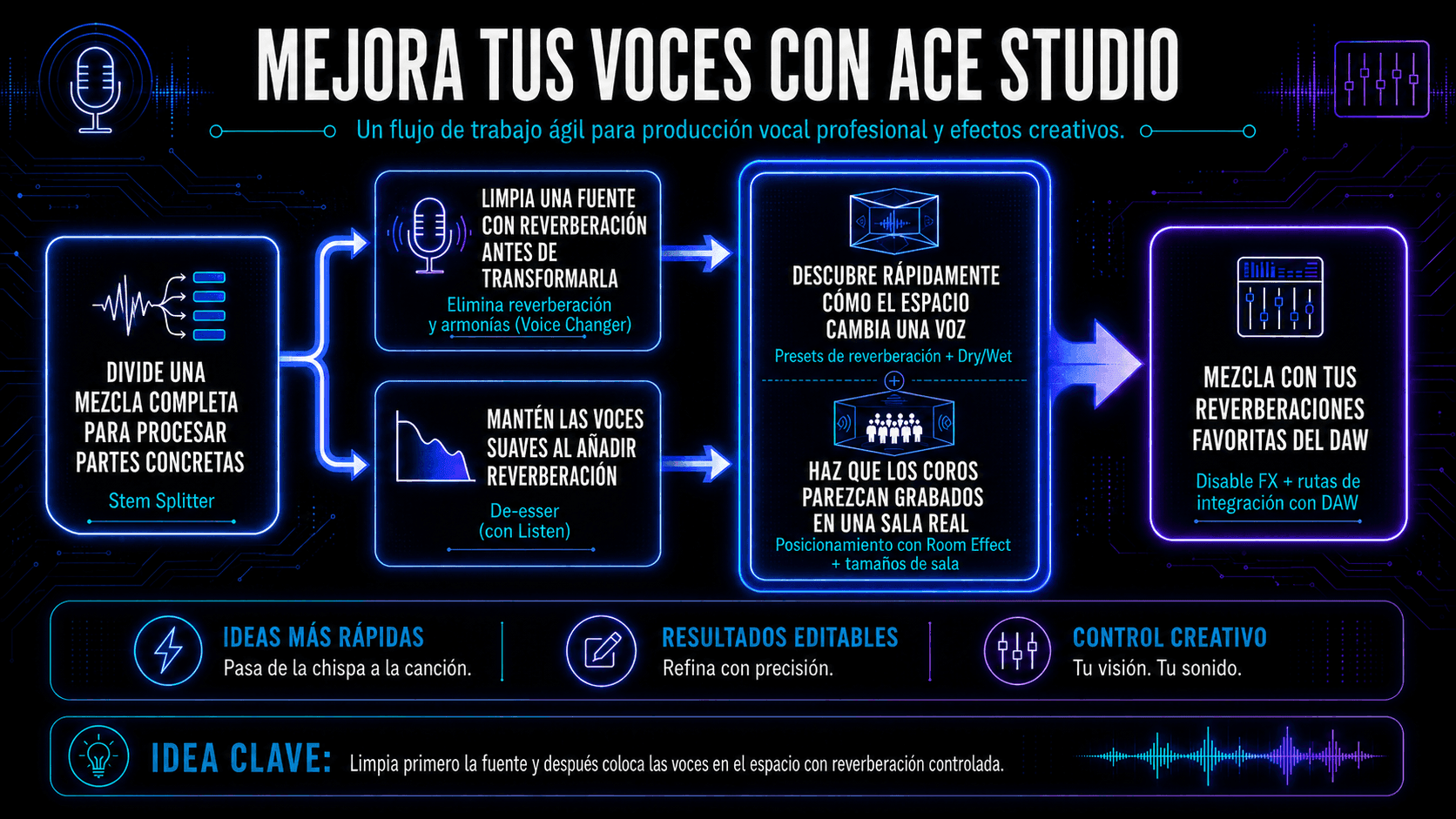 Infografía mostrando el flujo de trabajo vocal de ACE Studio con división de stems, eliminación de reverberación, de-essing, presets de reverberación, efectos de habitación para coros e integración con DAW.