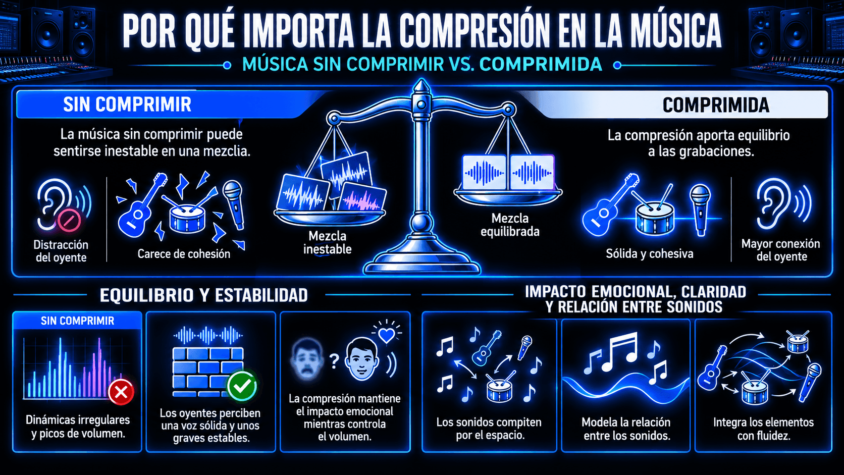 Infografía comparando música sin comprimir y comprimida, mostrando cómo la compresión mejora el equilibrio, estabilidad, claridad y compromiso del oyente.