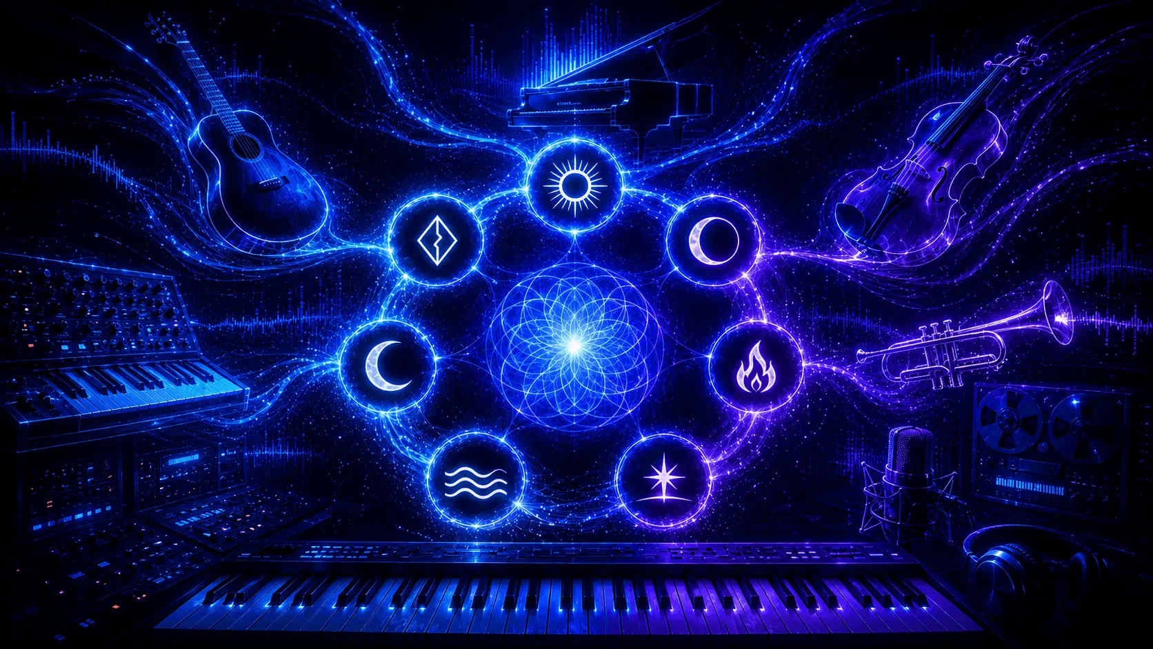 Abstract blue and purple music studio scene with seven glowing modal symbols surrounded by guitars, piano, strings, brass, and recording equipment.