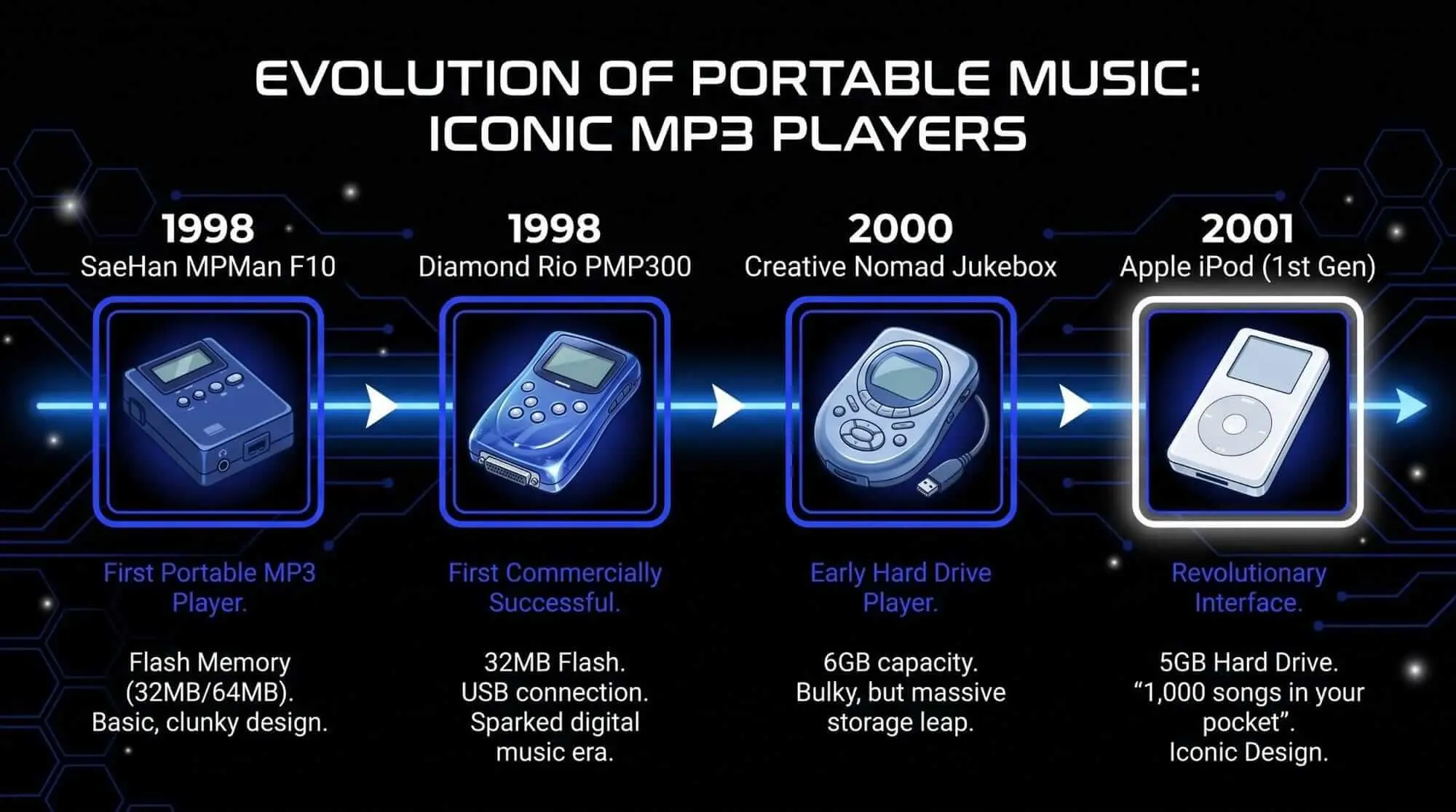 Timeline of iconic portable MP3 players including the MPMan F10, Diamond Rio, Creative Nomad, and first-generation iPod