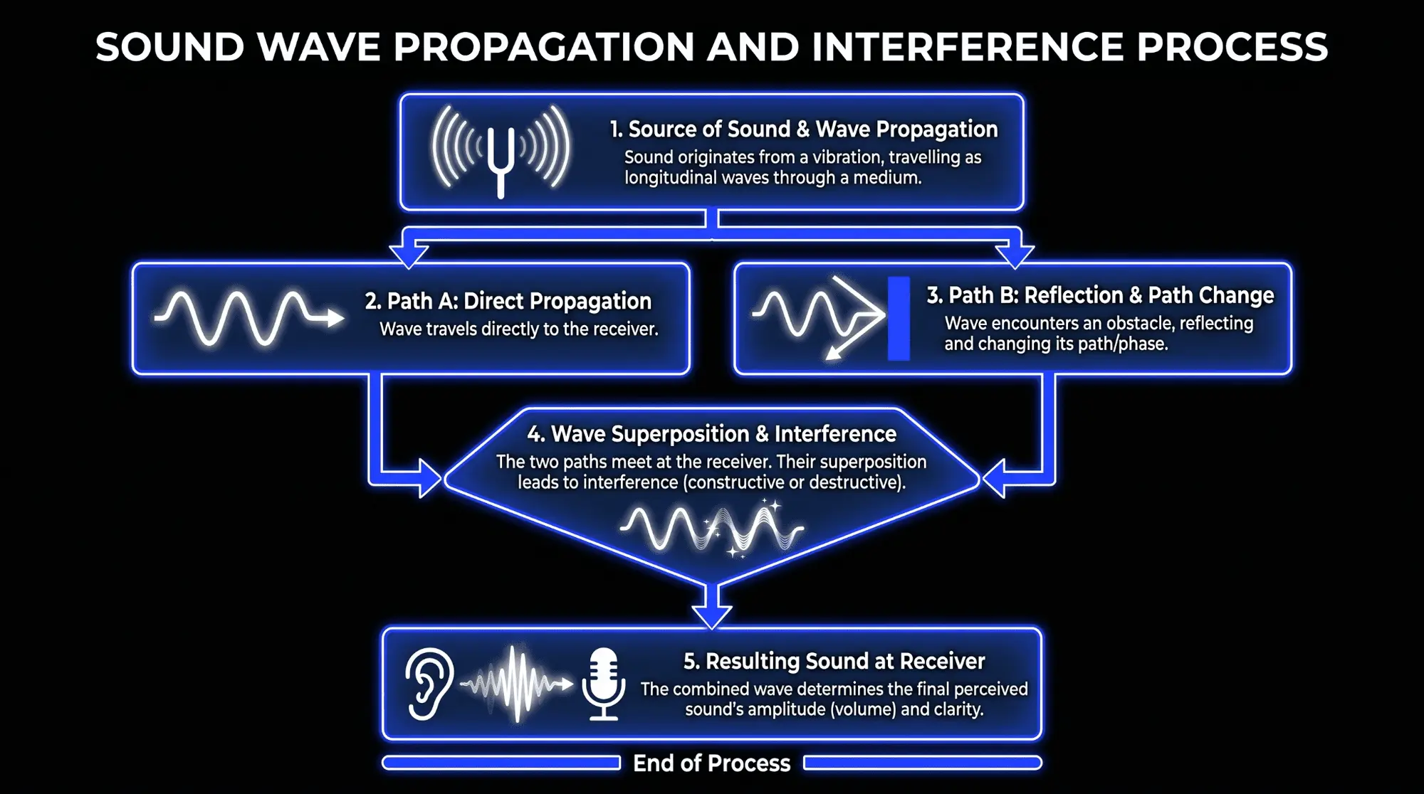 Infographic showing sound wave propagation, direct and reflected paths, wave superposition, and interference affecting the final sound at the receiver.