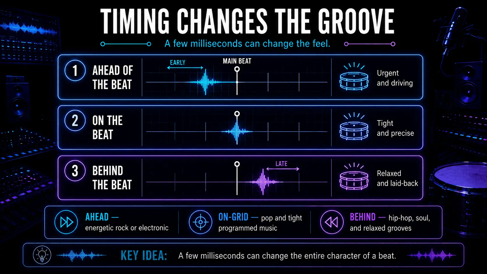 Infographic comparing snare hits ahead of the beat, directly on the beat, and behind the beat, with urgent, precise, and relaxed groove results.