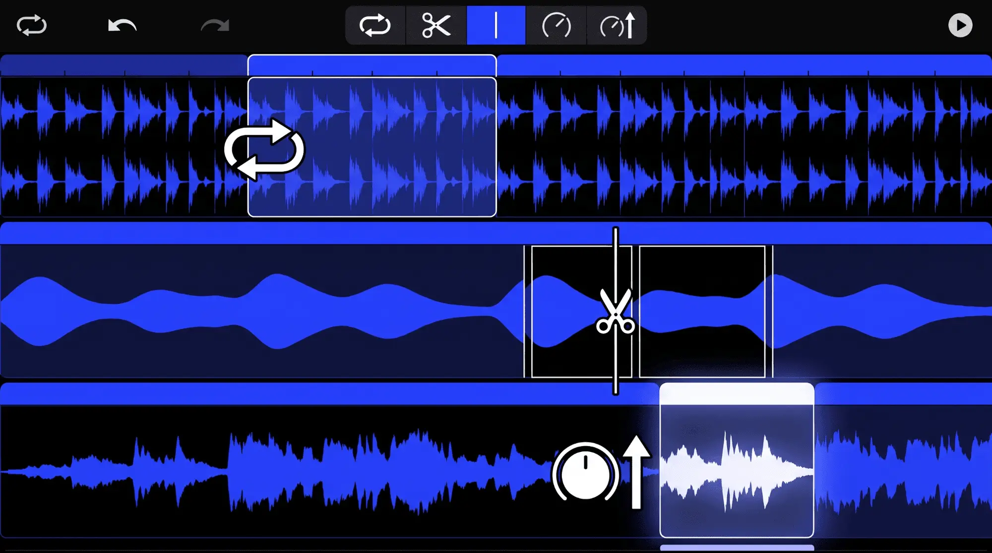 DAW-style waveform editor showing loop selection, cutting, pitch movement, and sample manipulation tools for music sampling.