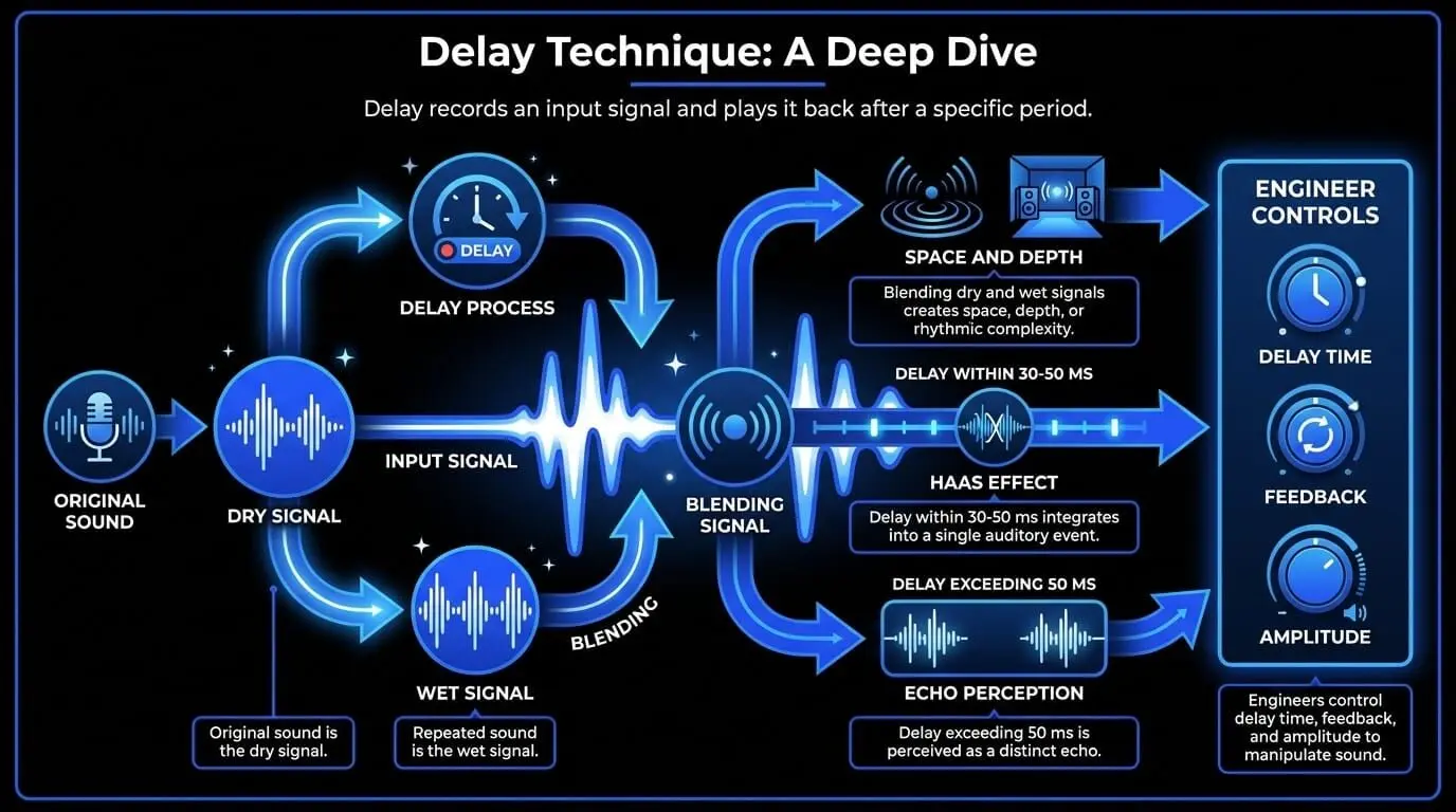 Infographic explaining delay in music production, including dry and wet signals, blending, the Haas Effect, echo perception, and key controls like delay time, feedback, and amplitude.