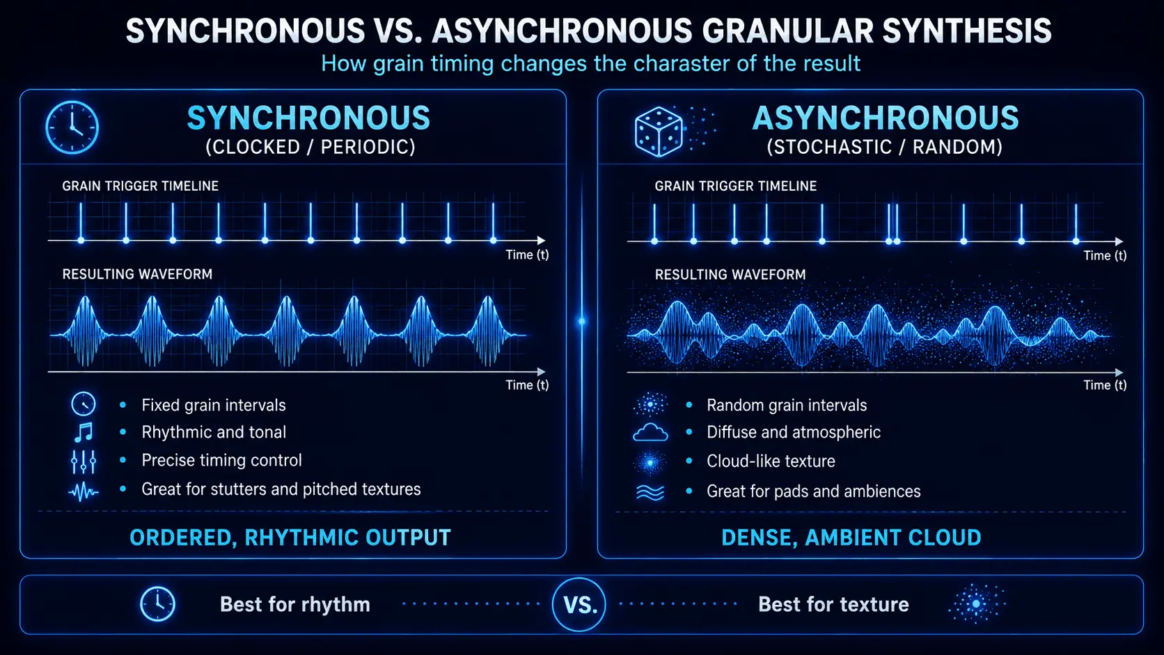 Comparison of synchronous and asynchronous granular synthesis showing fixed rhythmic grain intervals versus random ambient grain clouds.