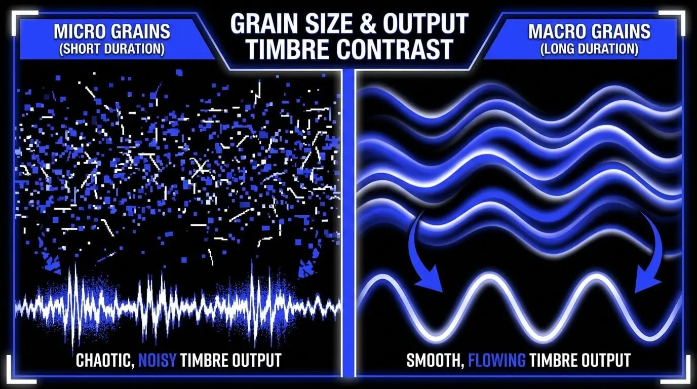 Comparison of micro and macro grain sizes showing noisy short-grain output versus smooth long-grain timbre.