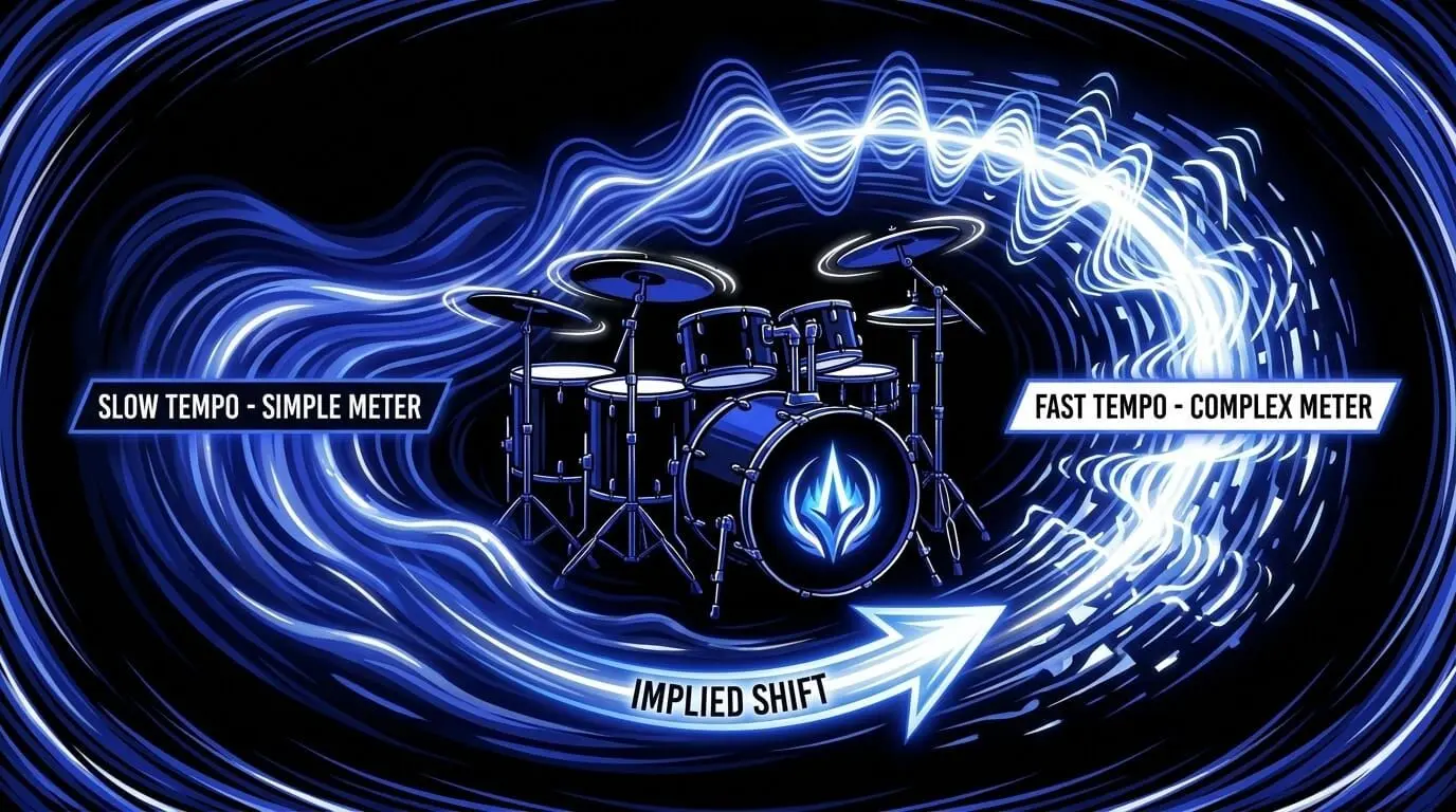 Illustration of implied metric modulation showing drums moving from a slow simple meter to a faster complex meter through a rhythmic shift.