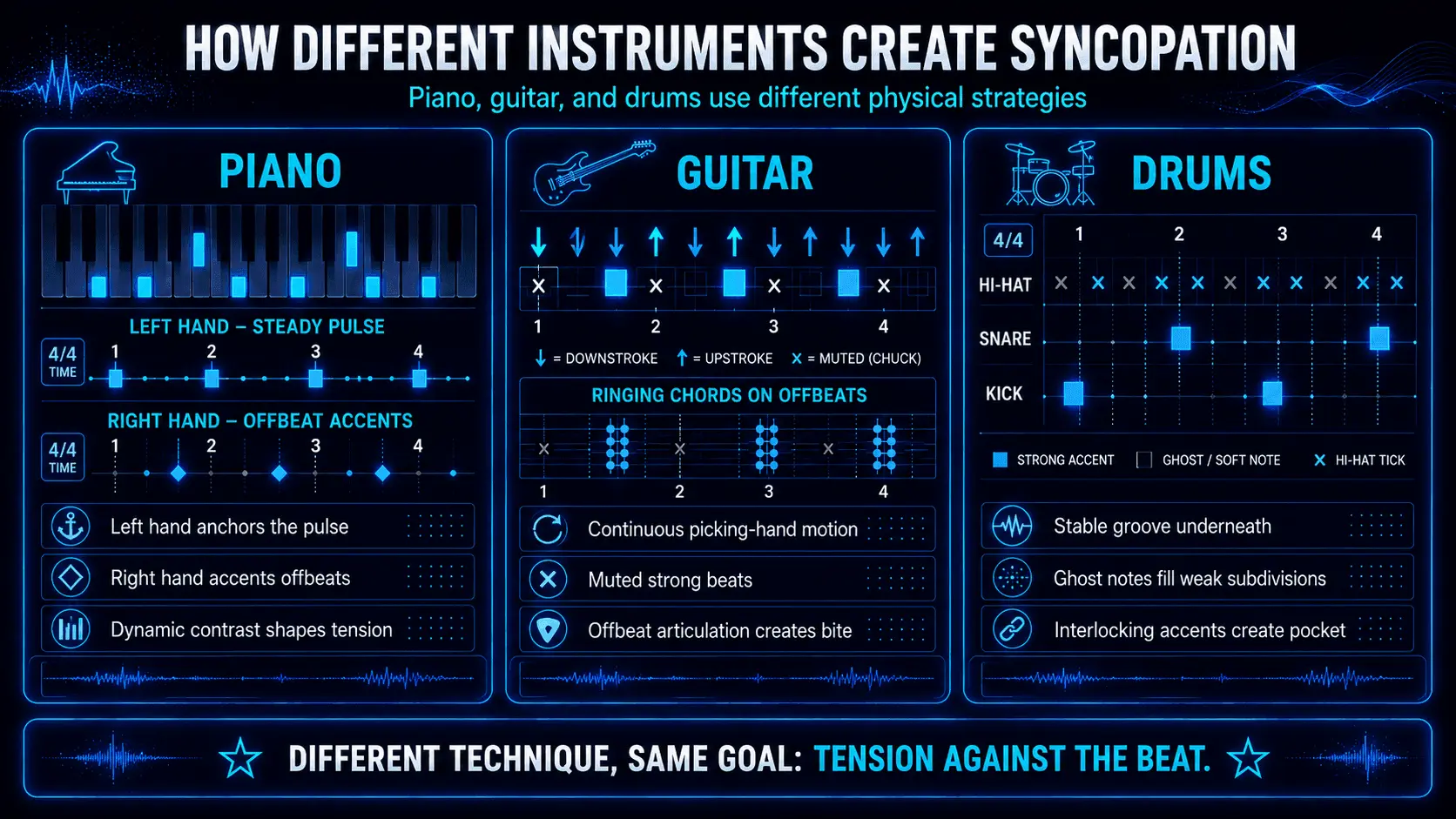 Infographic comparing syncopation techniques for piano, guitar, and drums, including offbeat accents, muted strums, and ghost notes.