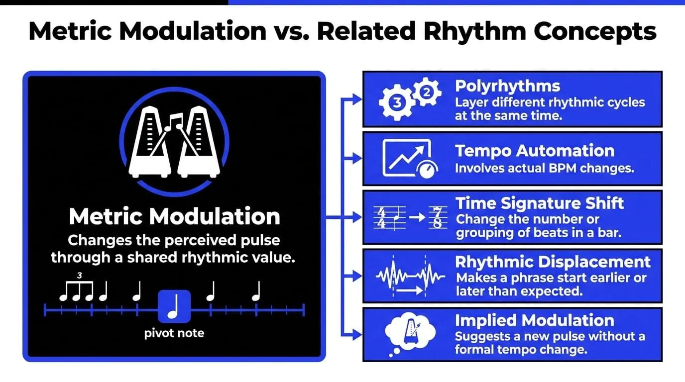 Infographic explaining metric modulation versus related rhythm concepts, including polyrhythms, tempo automation, time signature shifts, rhythmic displacement, and implied modulation.