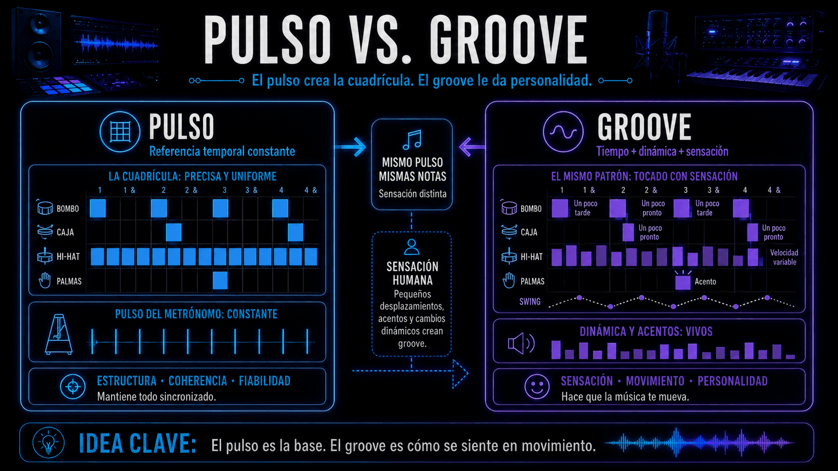 Infografía comparando beat y groove a través de rejillas de batería, mostrando cómo los cambios de tiempo, swing, acentos y variaciones de velocidad le dan personalidad a un beat constante.