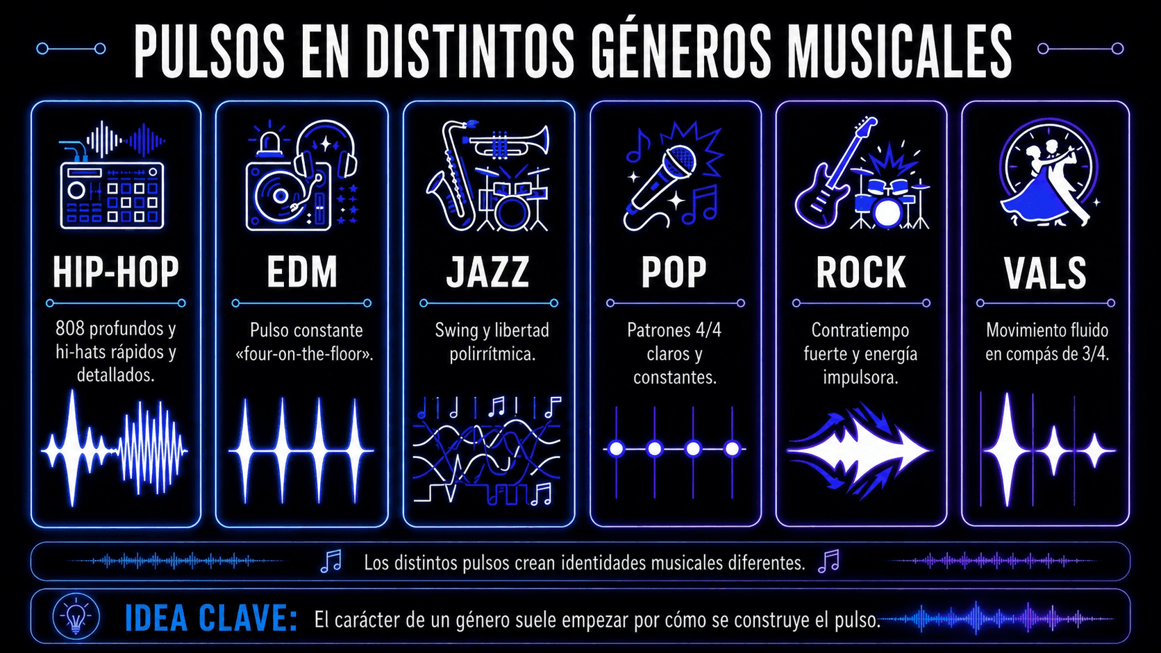 Infografía comparando beats a través de diferentes géneros musicales incluyendo hip-hop, EDM, jazz, pop, rock y vals.
