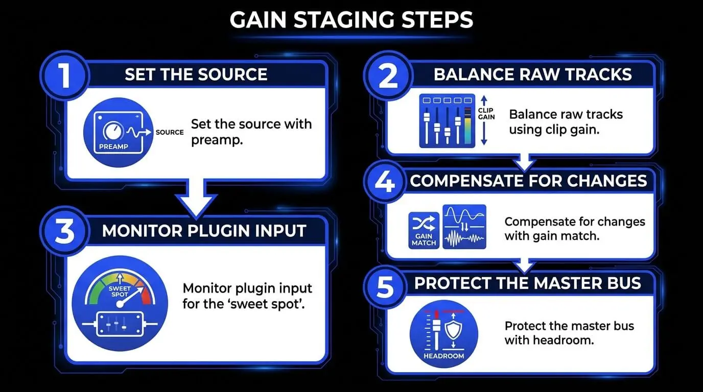 Infographic showing a five-step gain staging workflow: set the source with preamp gain, balance raw tracks with clip gain, monitor plugin input sweet spots, compensate for level changes with gain matching, and protect the master bus with headroom.