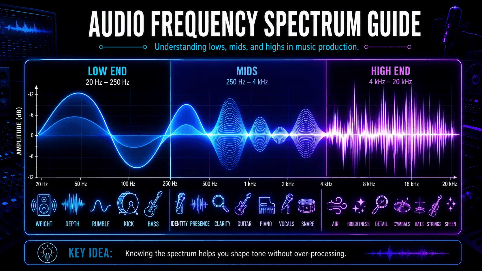 Audio frequency spectrum infographic showing low end, mids, and high end ranges with their sound characteristics and instruments.