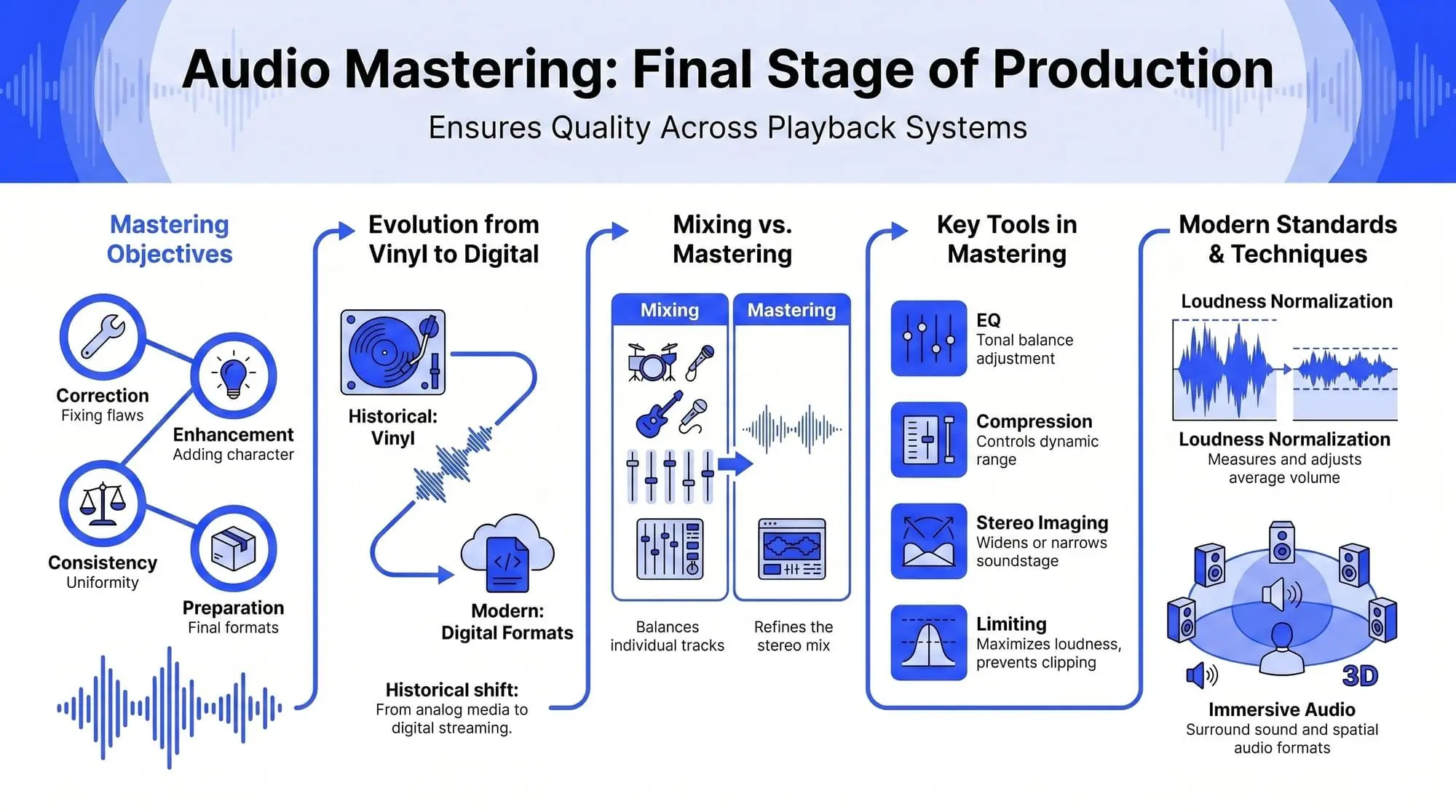 Infographic explaining audio mastering objectives, the shift from vinyl to digital, mixing vs mastering, key mastering tools, loudness normalization, and immersive audio.