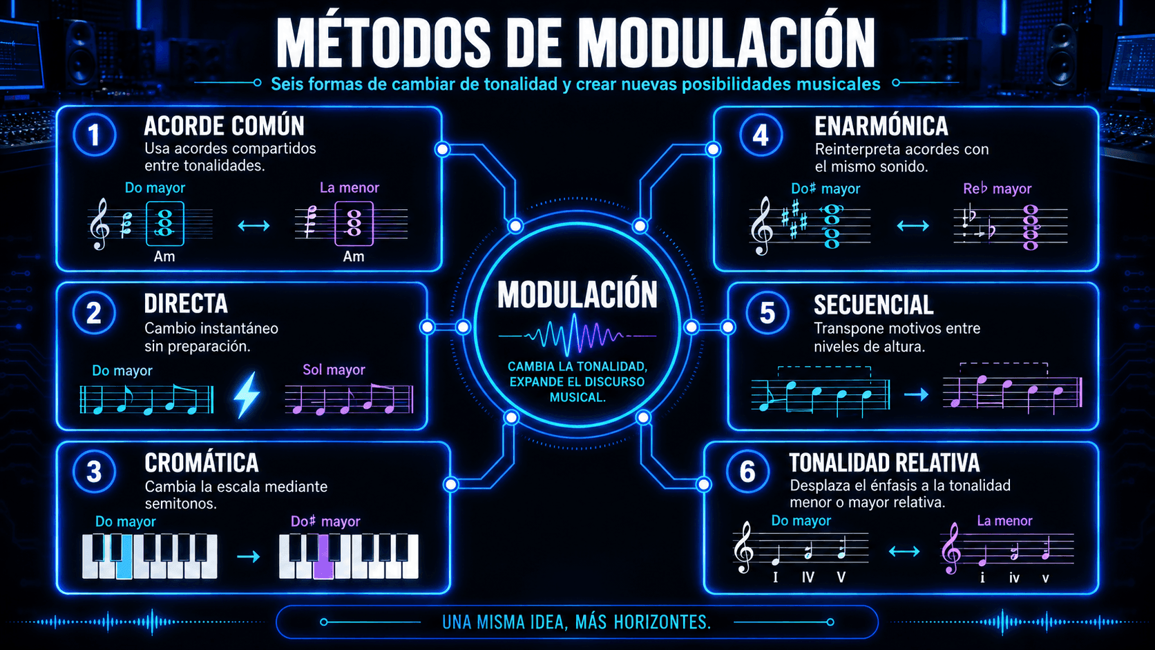 Infografía delineando métodos comunes de modulación musical, incluyendo acorde común, directa, cromática, enarmónica, secuencial y modulación por tonalidad relativa.
