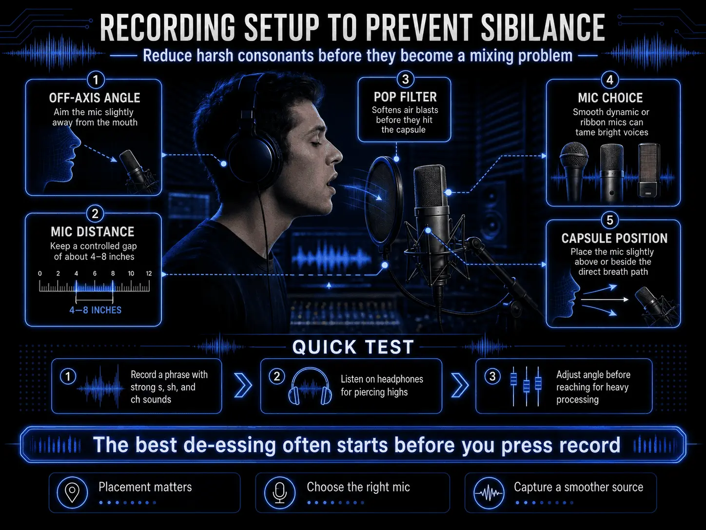 Infographic showing a studio recording setup for preventing vocal sibilance with off-axis mic angle, mic distance, pop filter, mic choice, and capsule position.